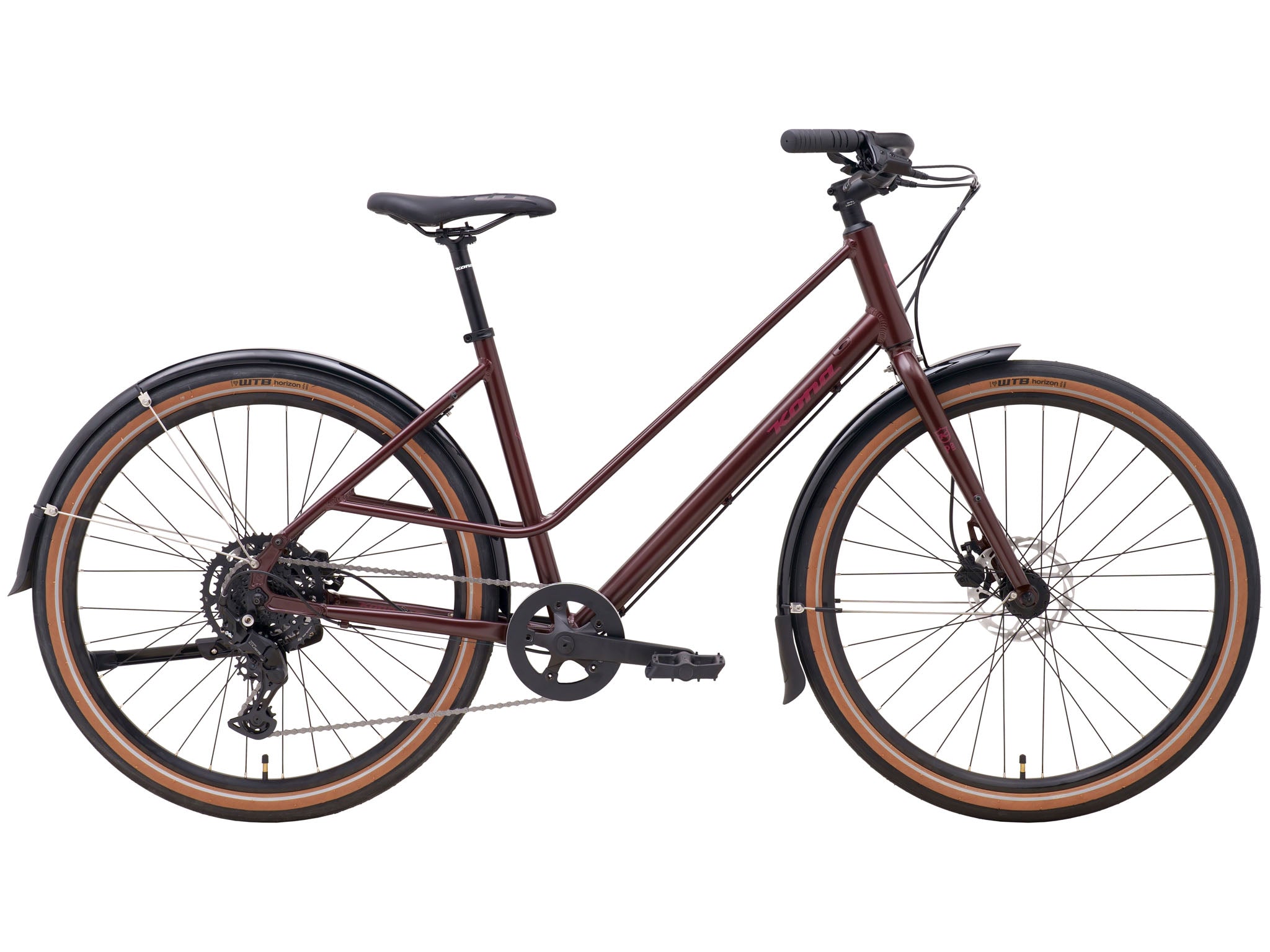 Coco Cruiser step-through bike parked in a sunny urban setting, showcasing its sleek design.