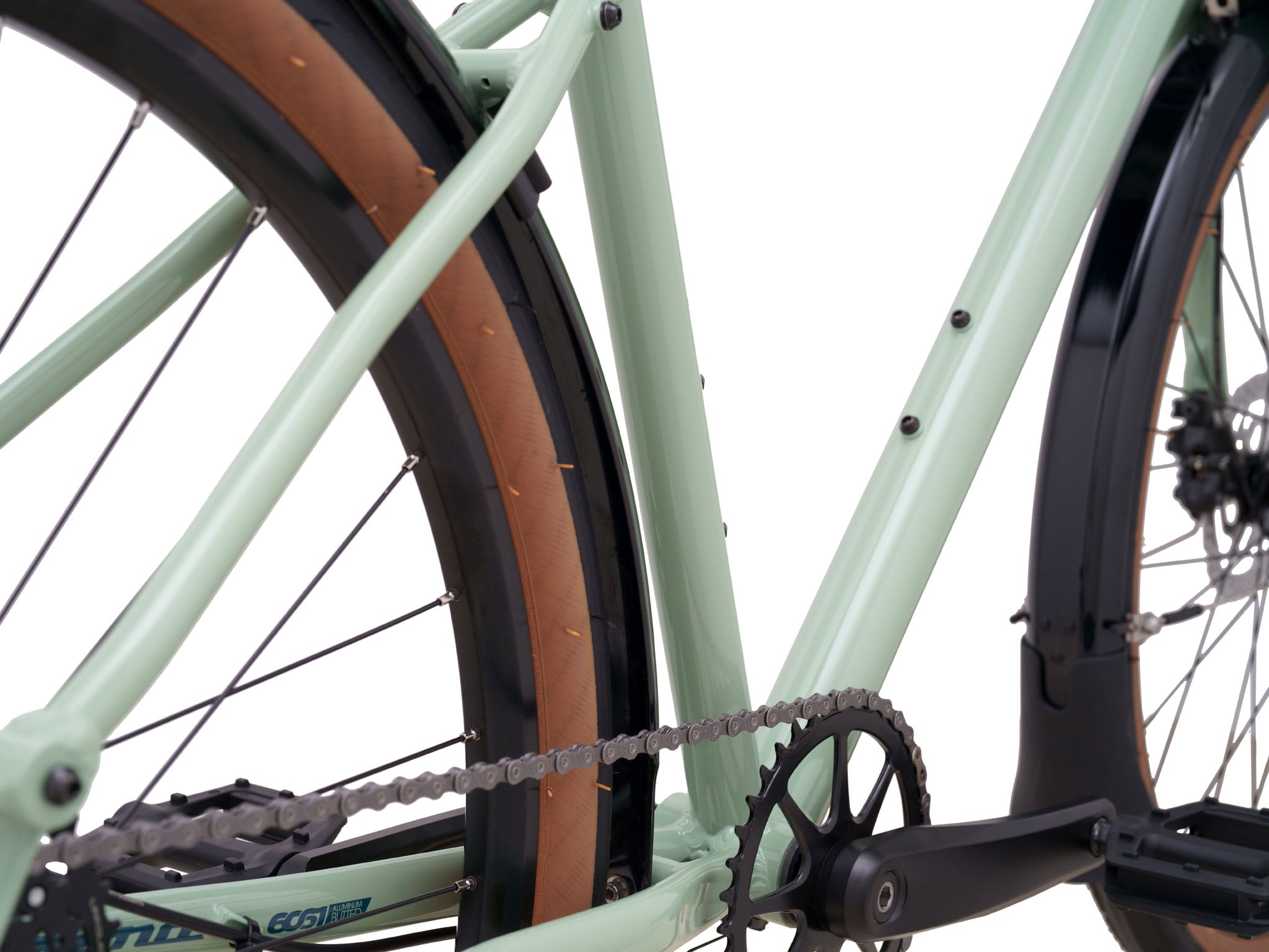 Close-up of the hydraulic disc brakes on the Dew Deluxe hybrid bike.