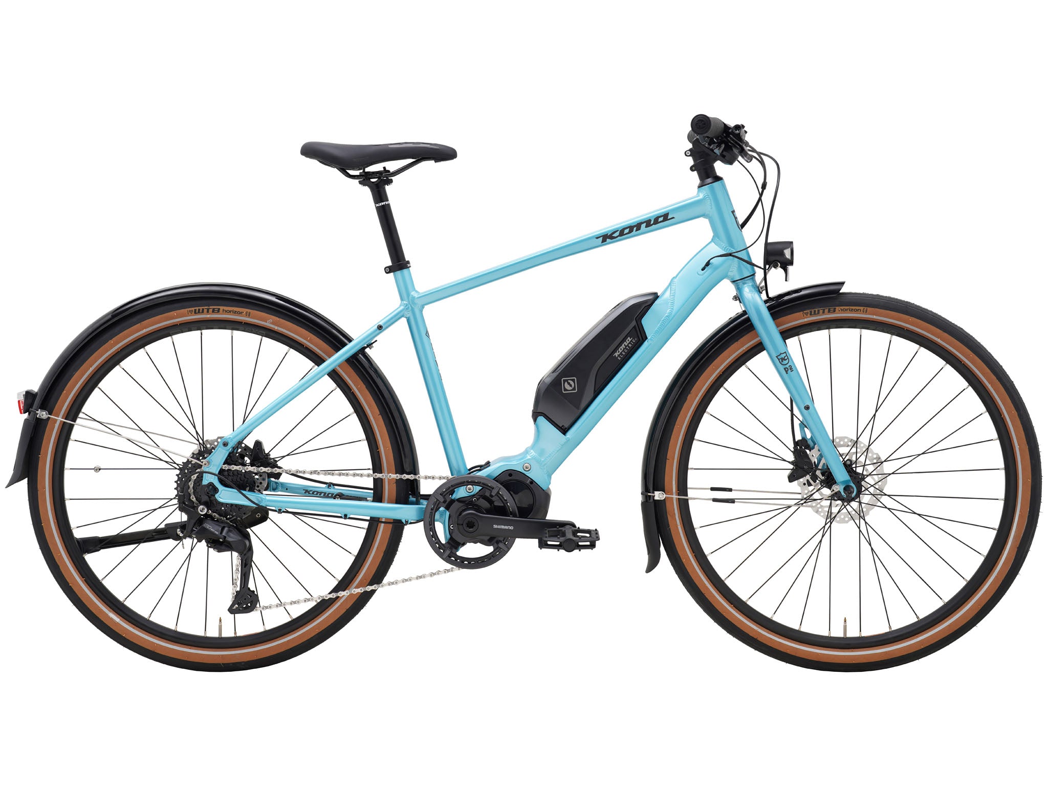 Front view of Dew-E electric commuter bike with city background