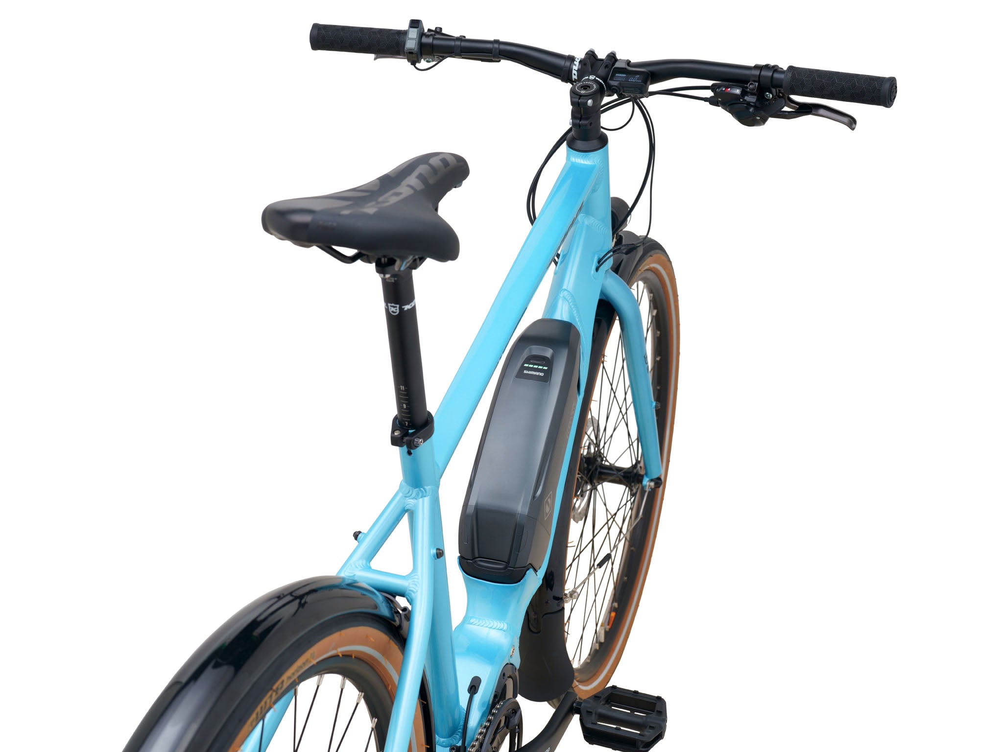 Front view of Dew-E electric commuter bike with city background