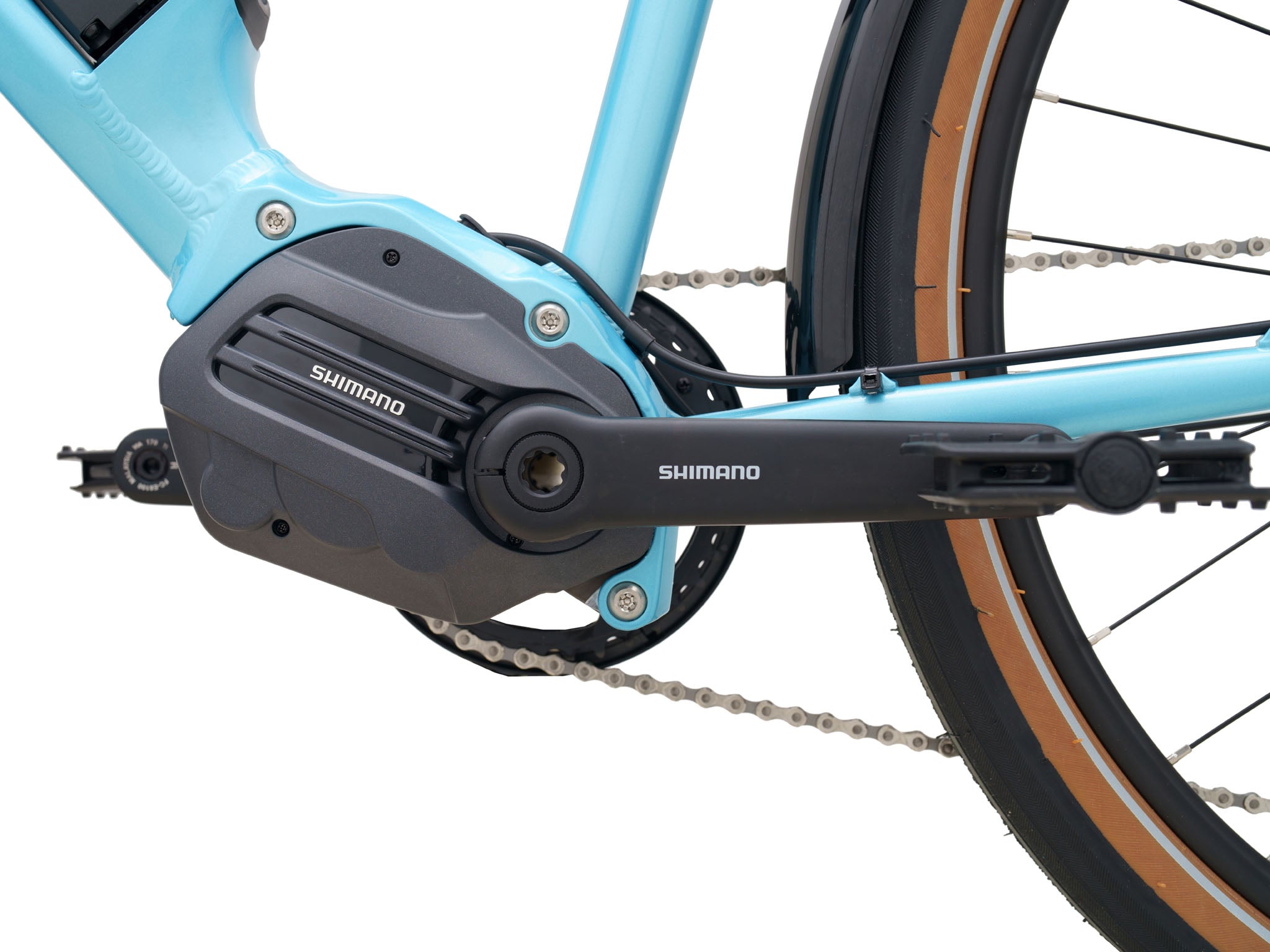 Side angle showing pedal assist motor and battery pack