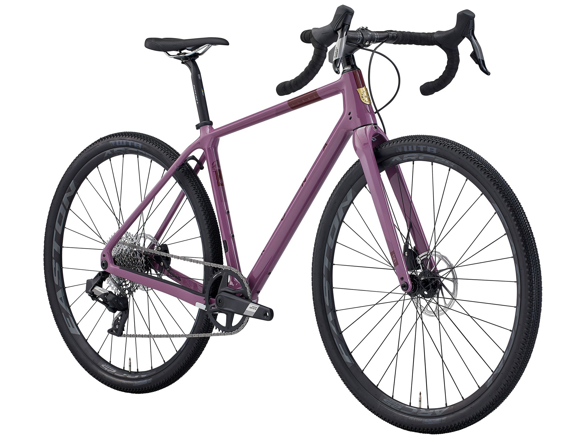 Side view of drop bar bike showcasing wide tire clearance and carbon frame design