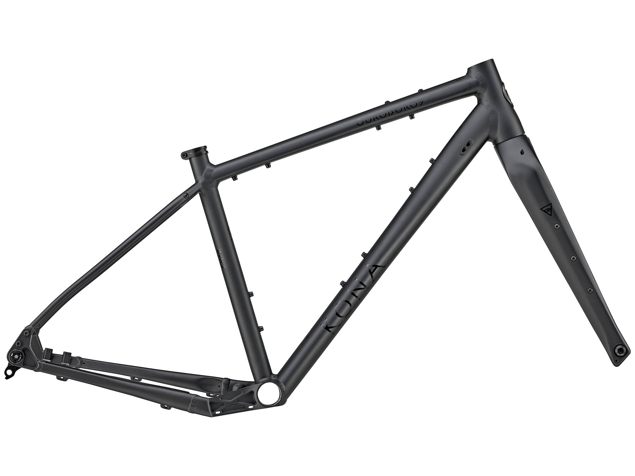 Close-up of Ouroboros aluminum drop bar bike frame on mountain trail
