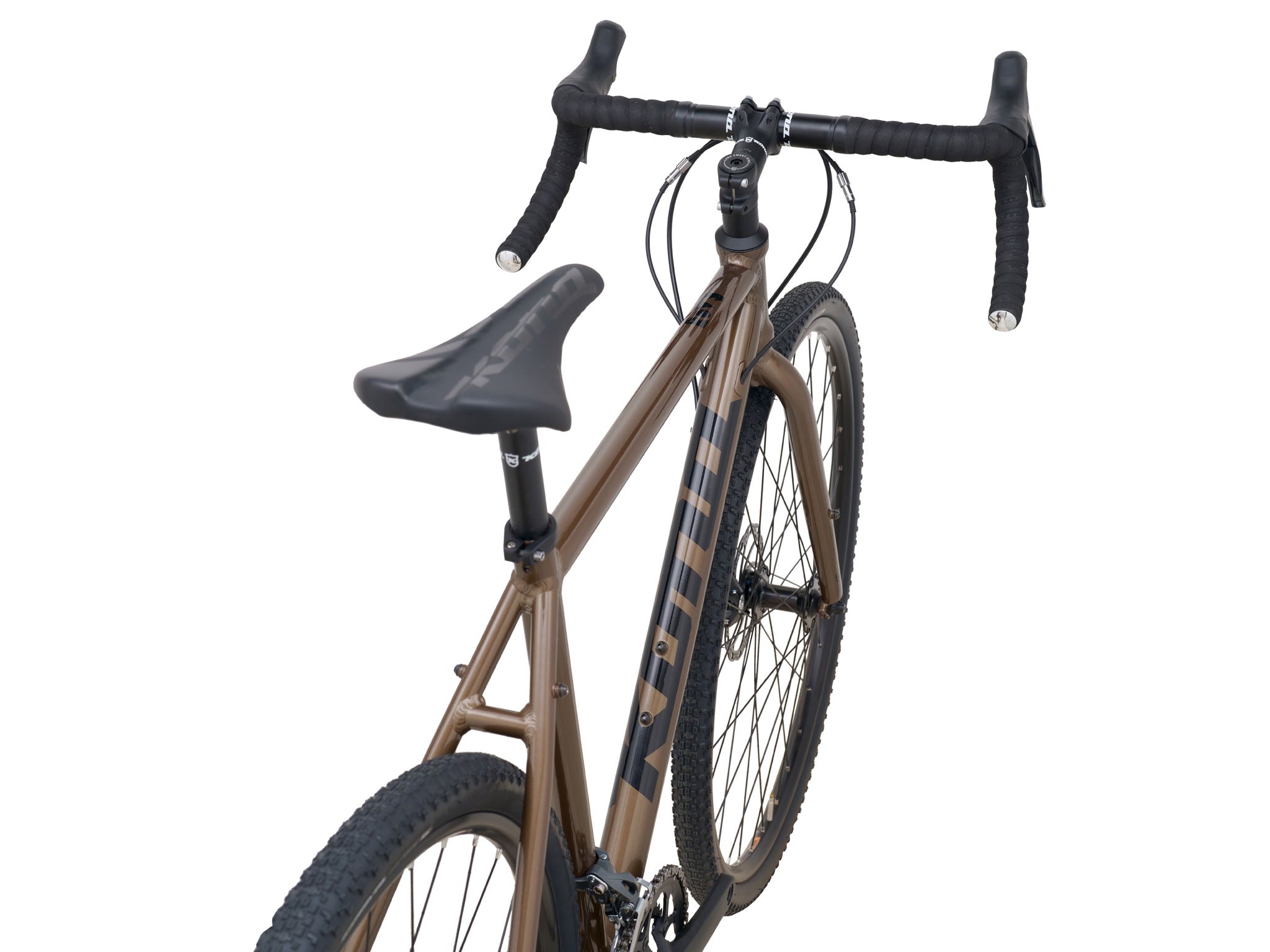 Side profile of the gravel bike on a forest trail, perfect for beginner rides