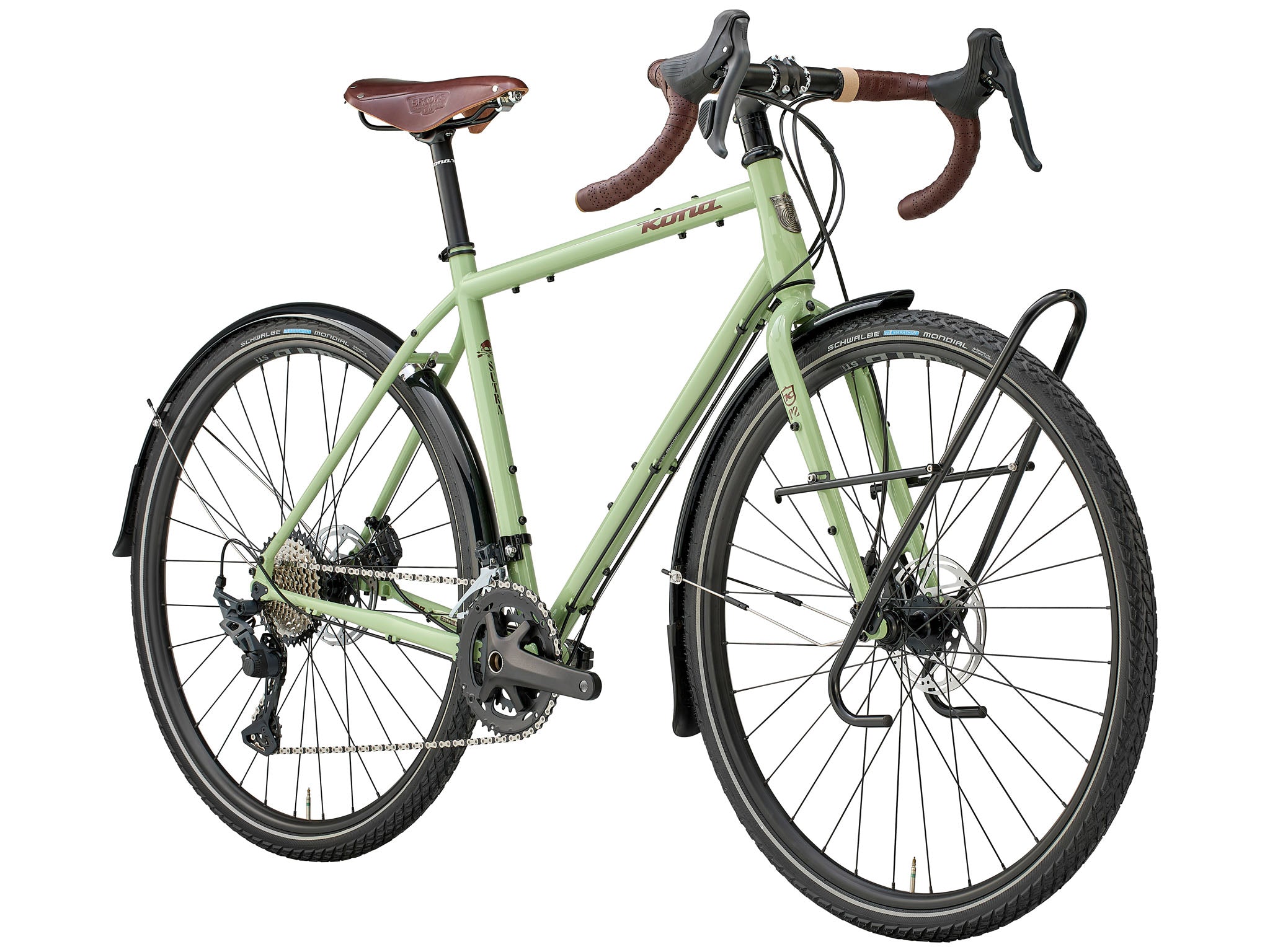 Close-up of Brooks saddle and microfiber handlebar tape on the Sutra bike