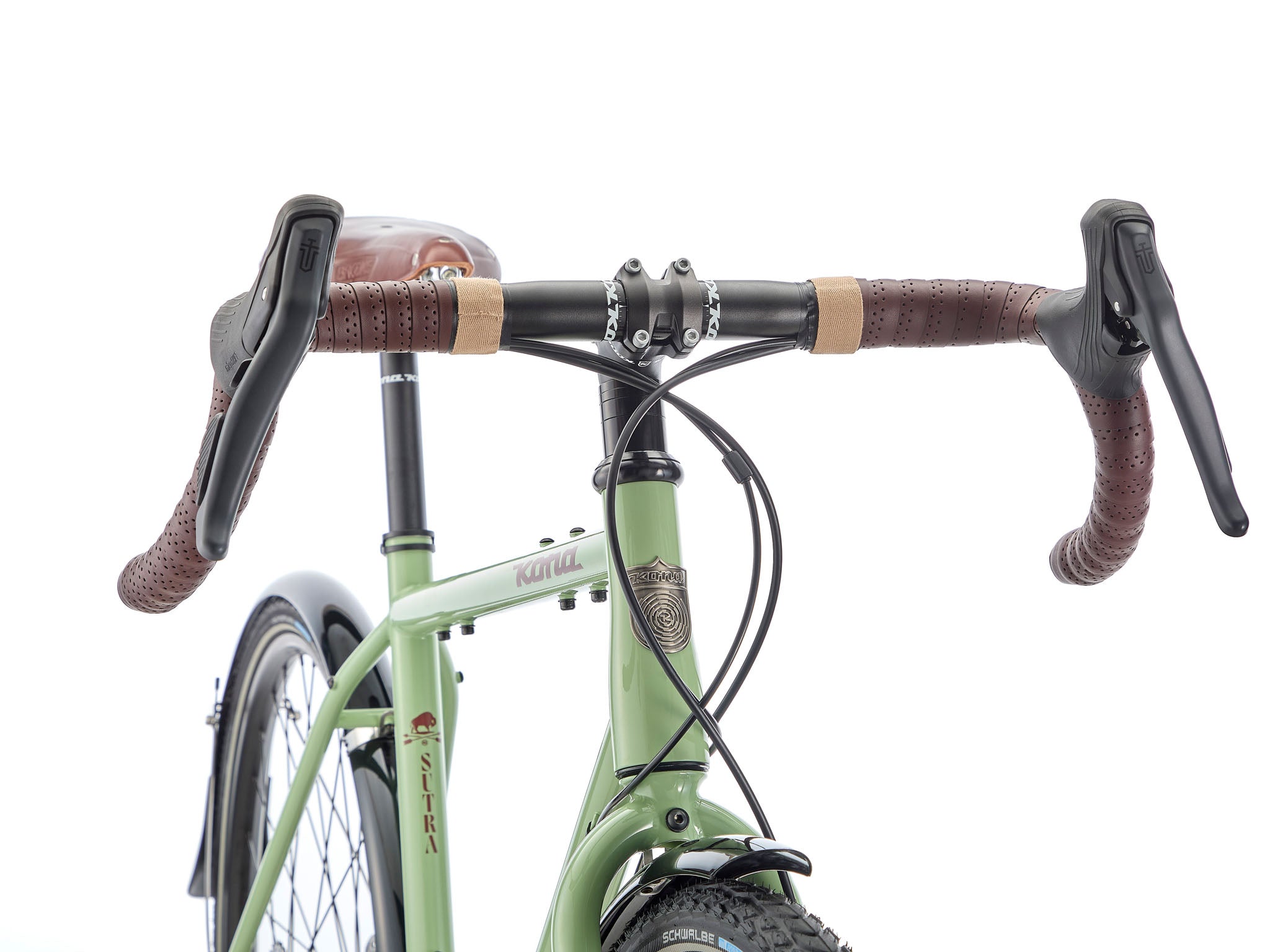 Close-up of Brooks saddle and microfiber handlebar tape on the Sutra bike