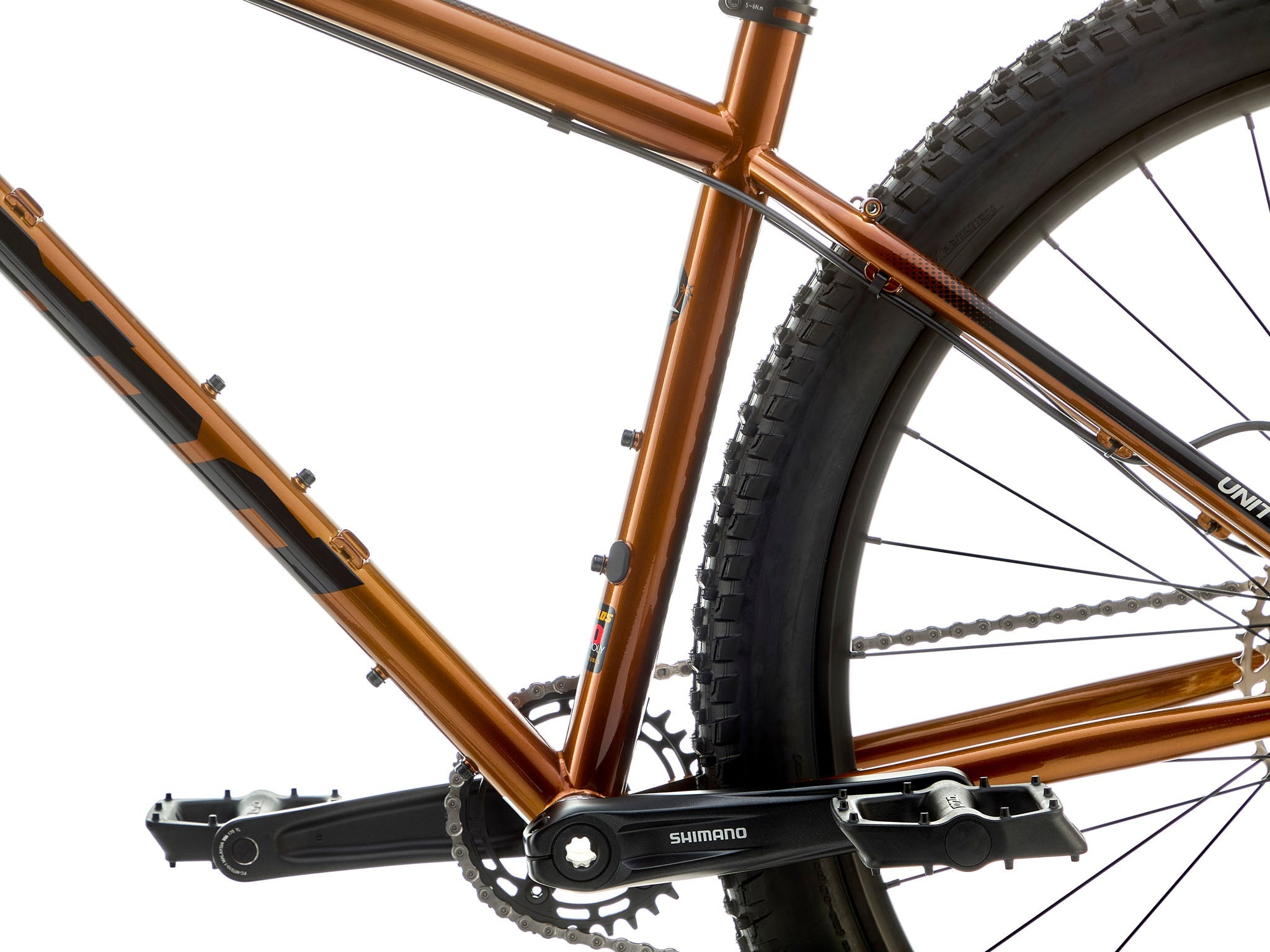 Close-up of the Cromoly frame and 12-speed drivetrain of Kona Unit X