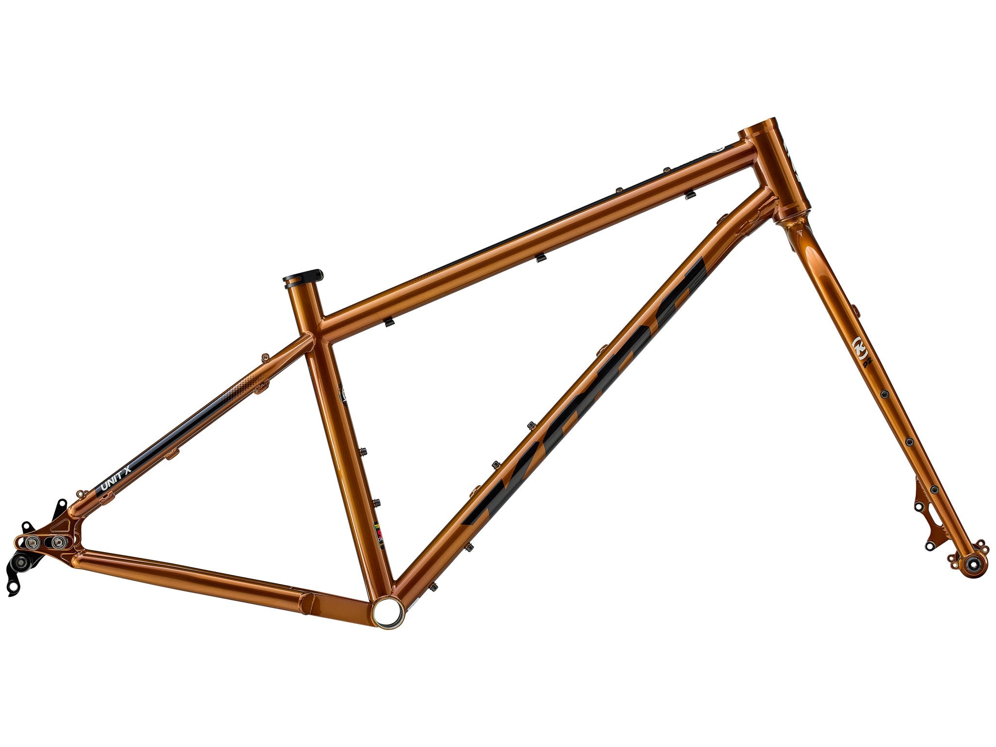 Side view of the Kona Unit X Cromoly bike frame showcasing the modular dropouts.