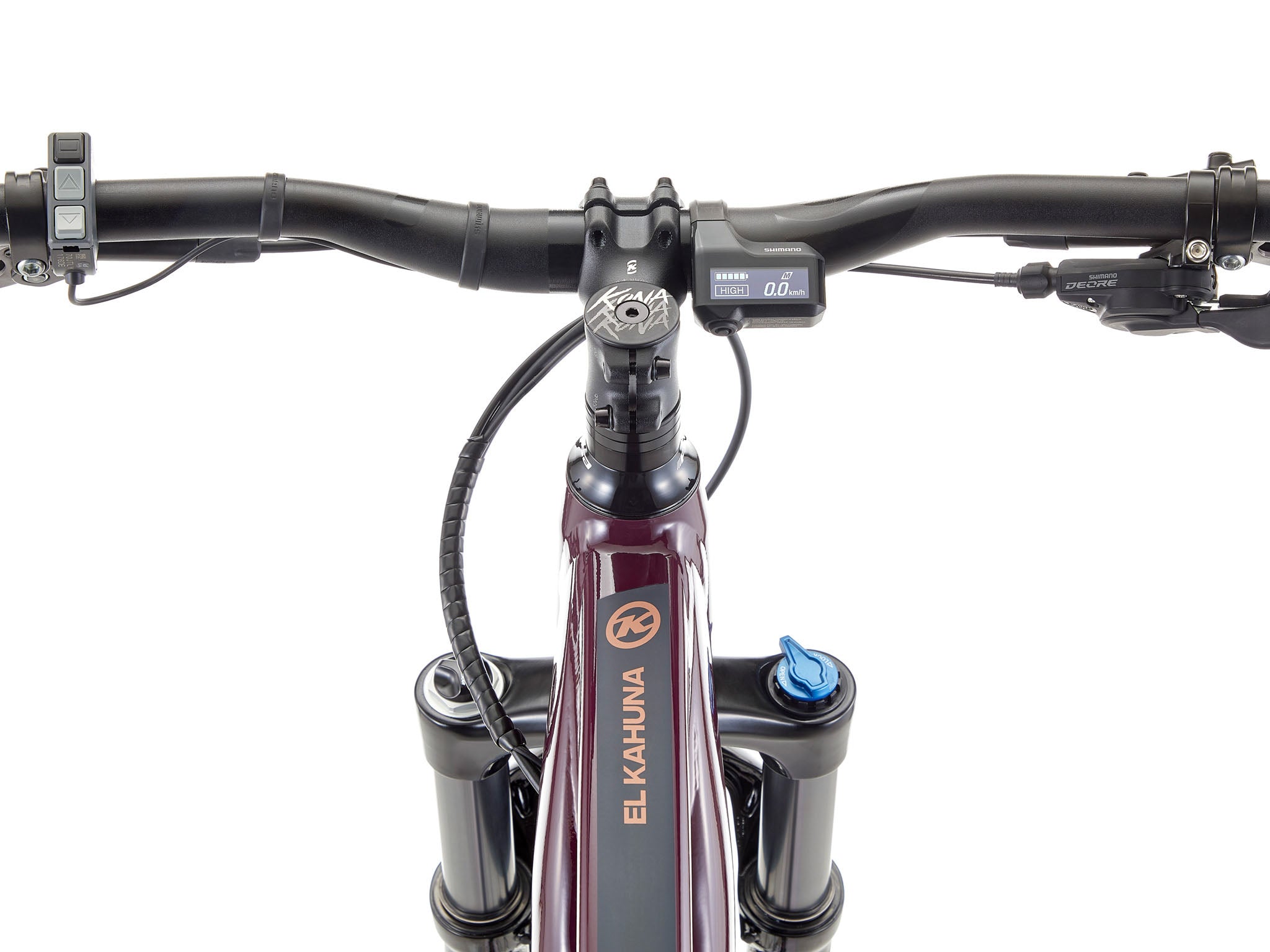 El Kahuna electric mountain bike on a forest trail, showcasing its robust design.