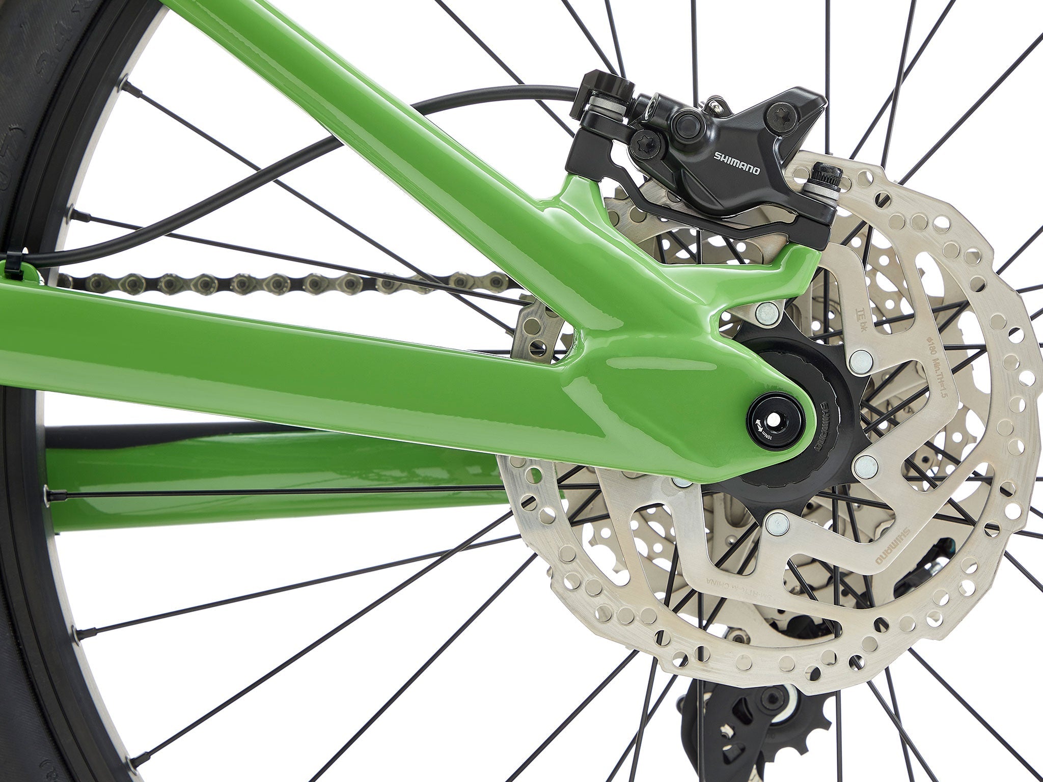 Close-up of the TrailBlazer 24s hydraulic disc brakes and gear system.