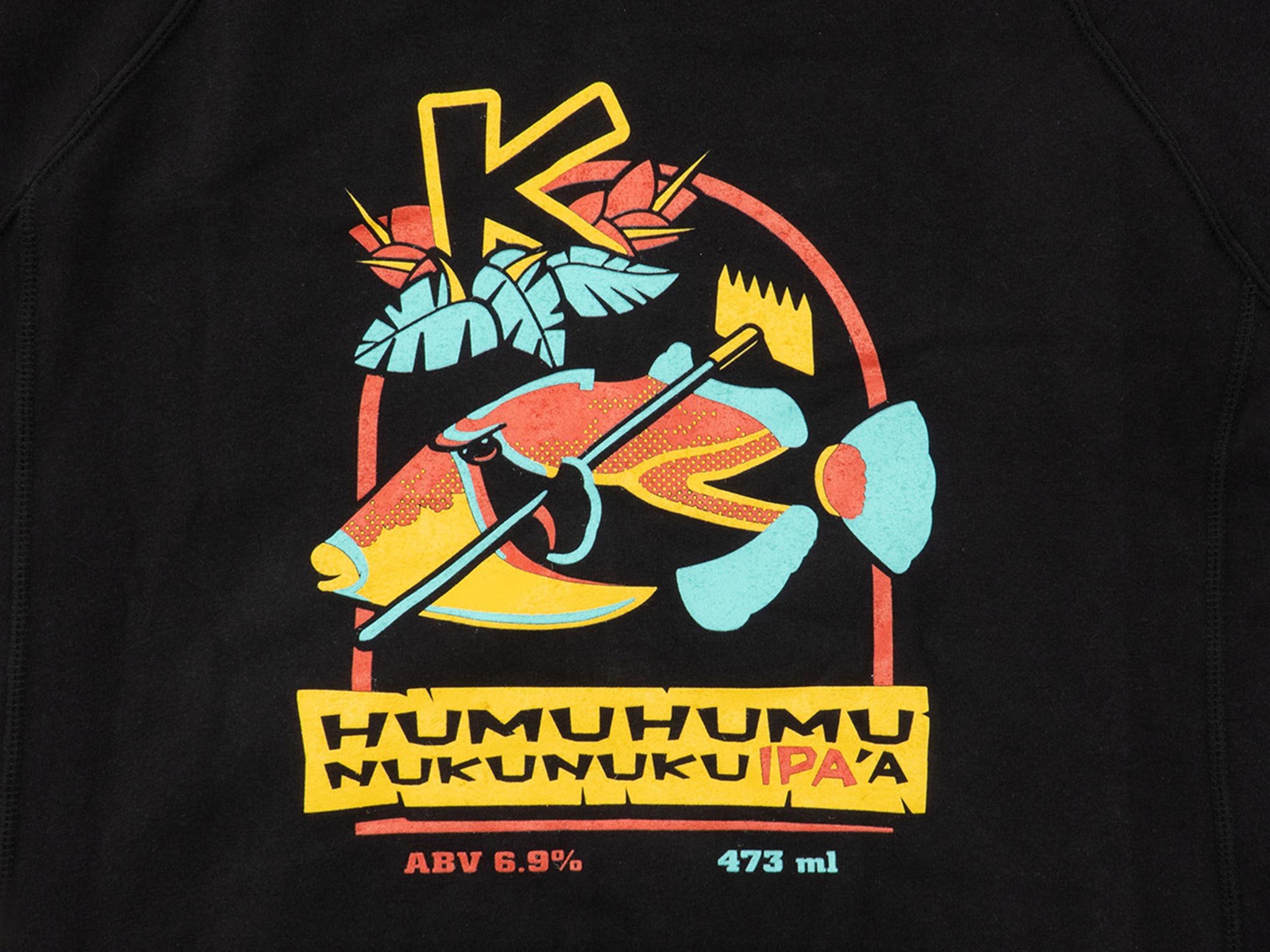Close-up of the Humu IPA A graphic hoodie with bold print on the front