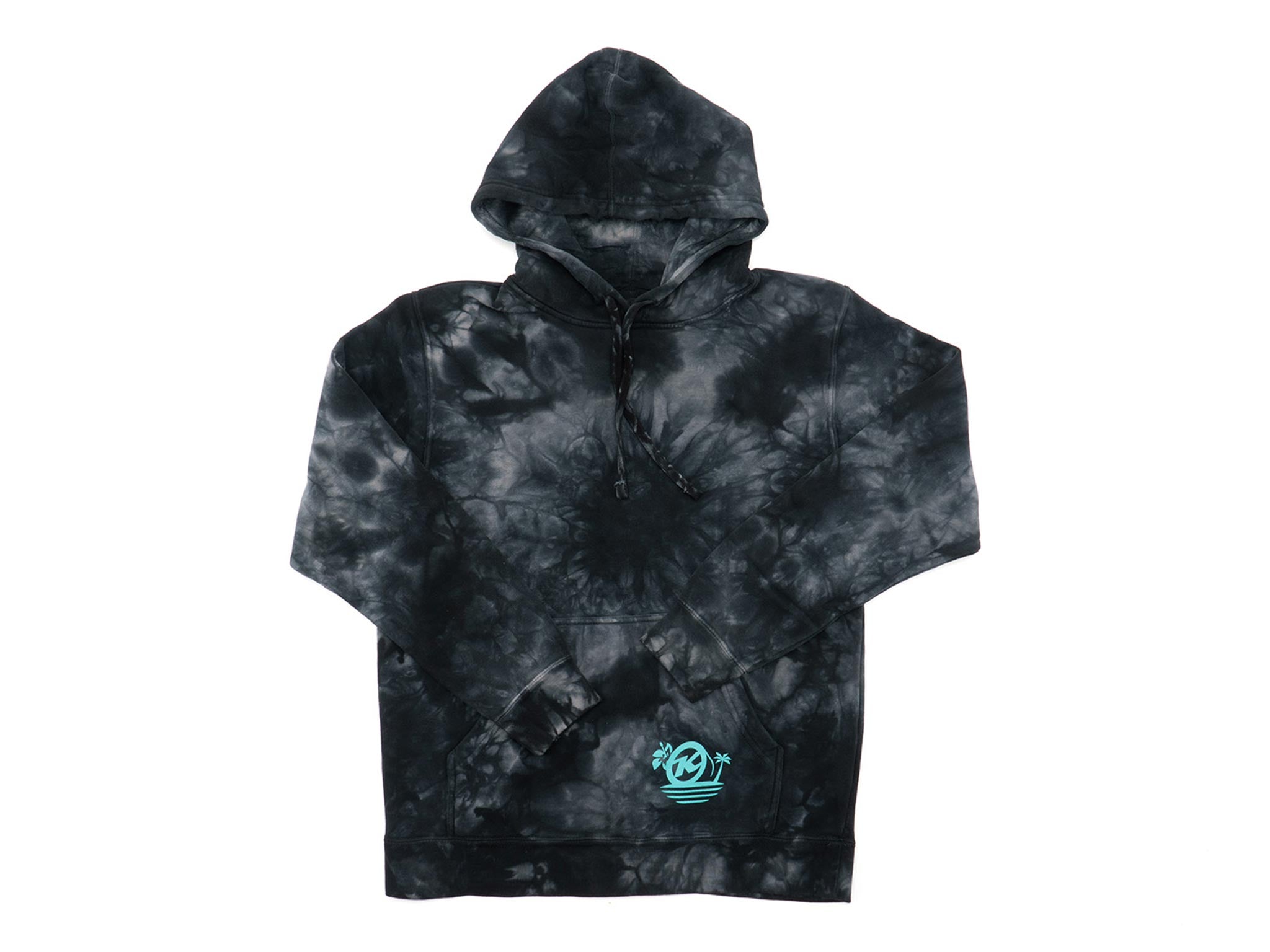 Front view of the Tropical Vibes Tie Dye Hoodie with island graphics.
