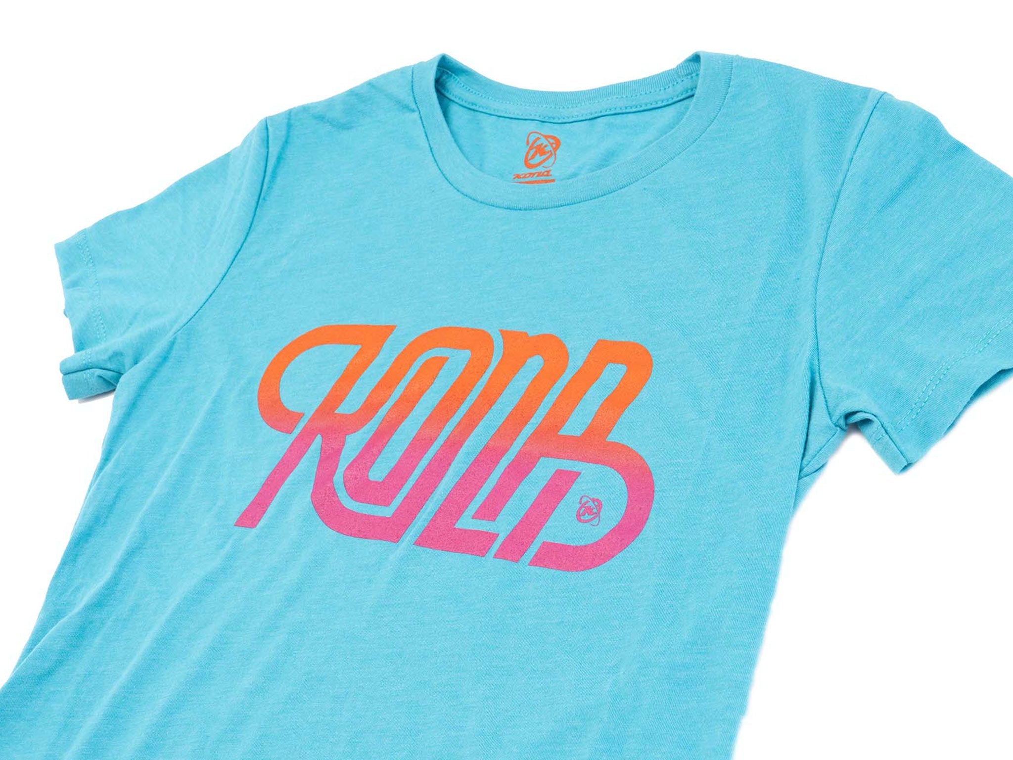 Flat lay of a womens casual curly tee with vibrant print