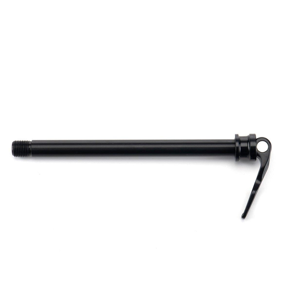 Side-angle view of 150x15 mm Kona thru axle on workbench, threads and anodized finish clearly visible