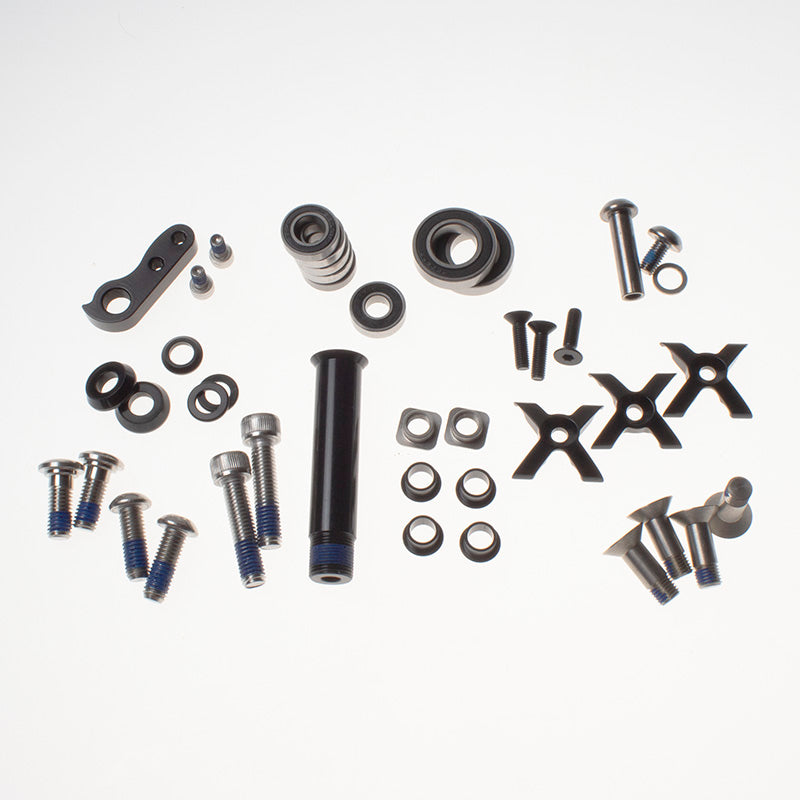 Close-up of Satori bearing and bolt components laid out for easy installation