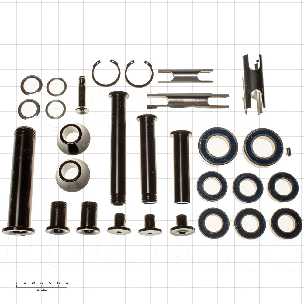 Side view of the premium downhill bushing kit showcasing bolts and bushings for Operator 27.5.