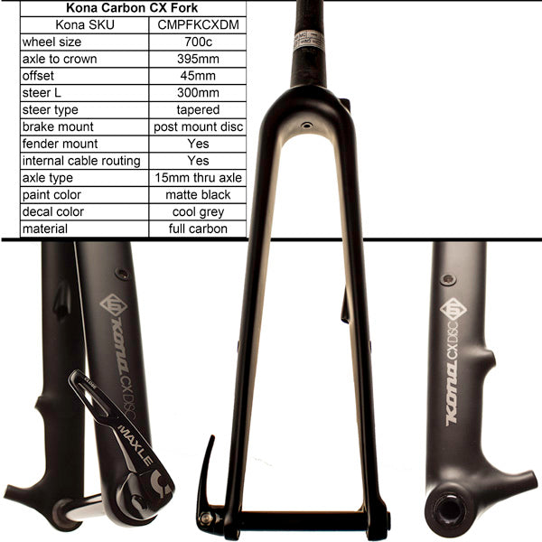 Kona Carbon 700c CX Fork showcasing the 15mm thru axle design for enhanced stability.