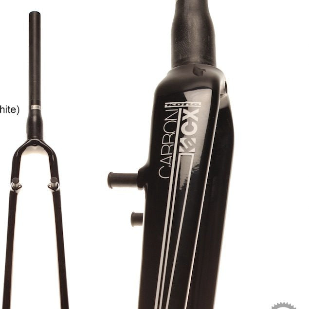 Side view of gloss black carbon bike fork with tapered steerer and quick release