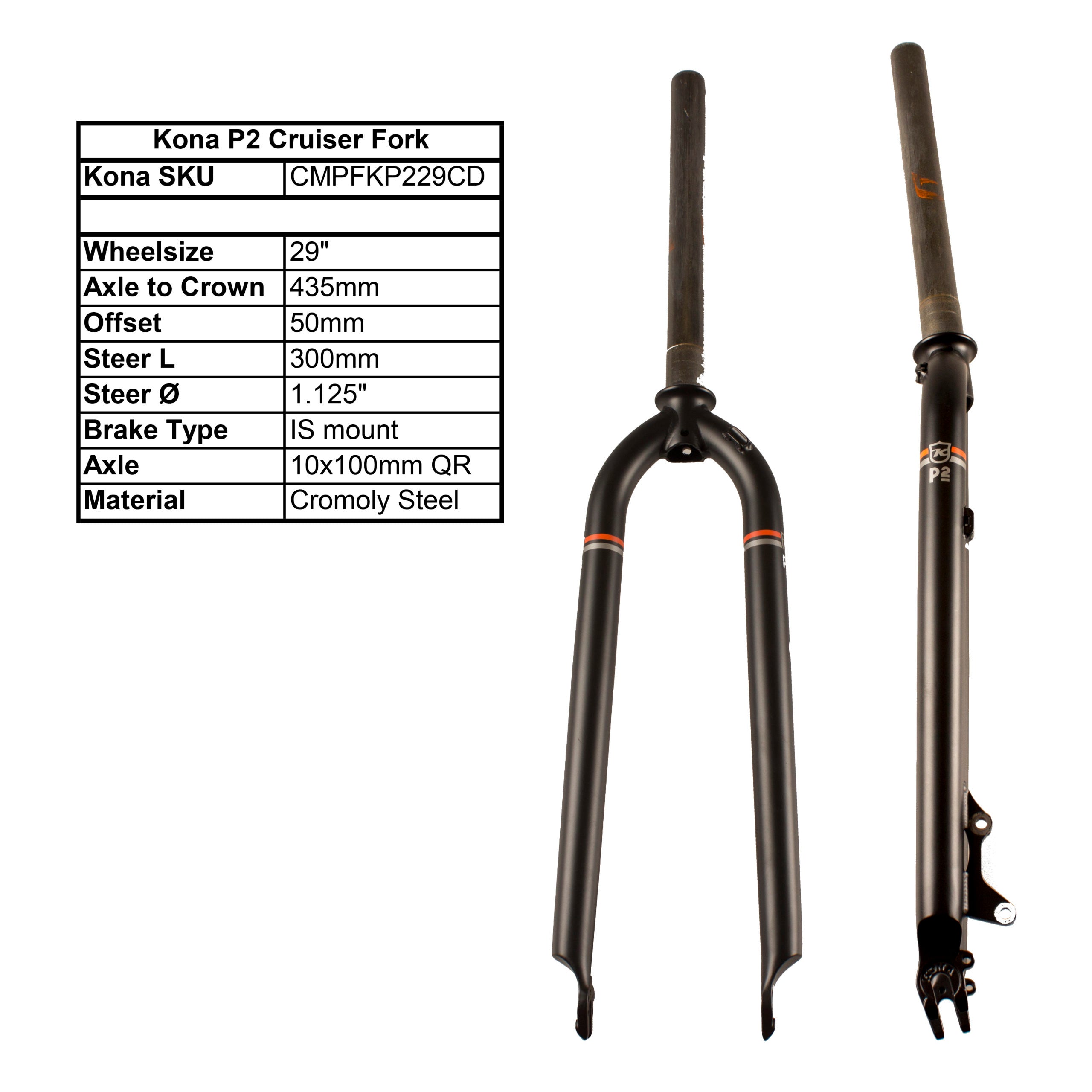 Close-up of Kona P2 cruiser fork showing Cromoly material and matte black orange finish
