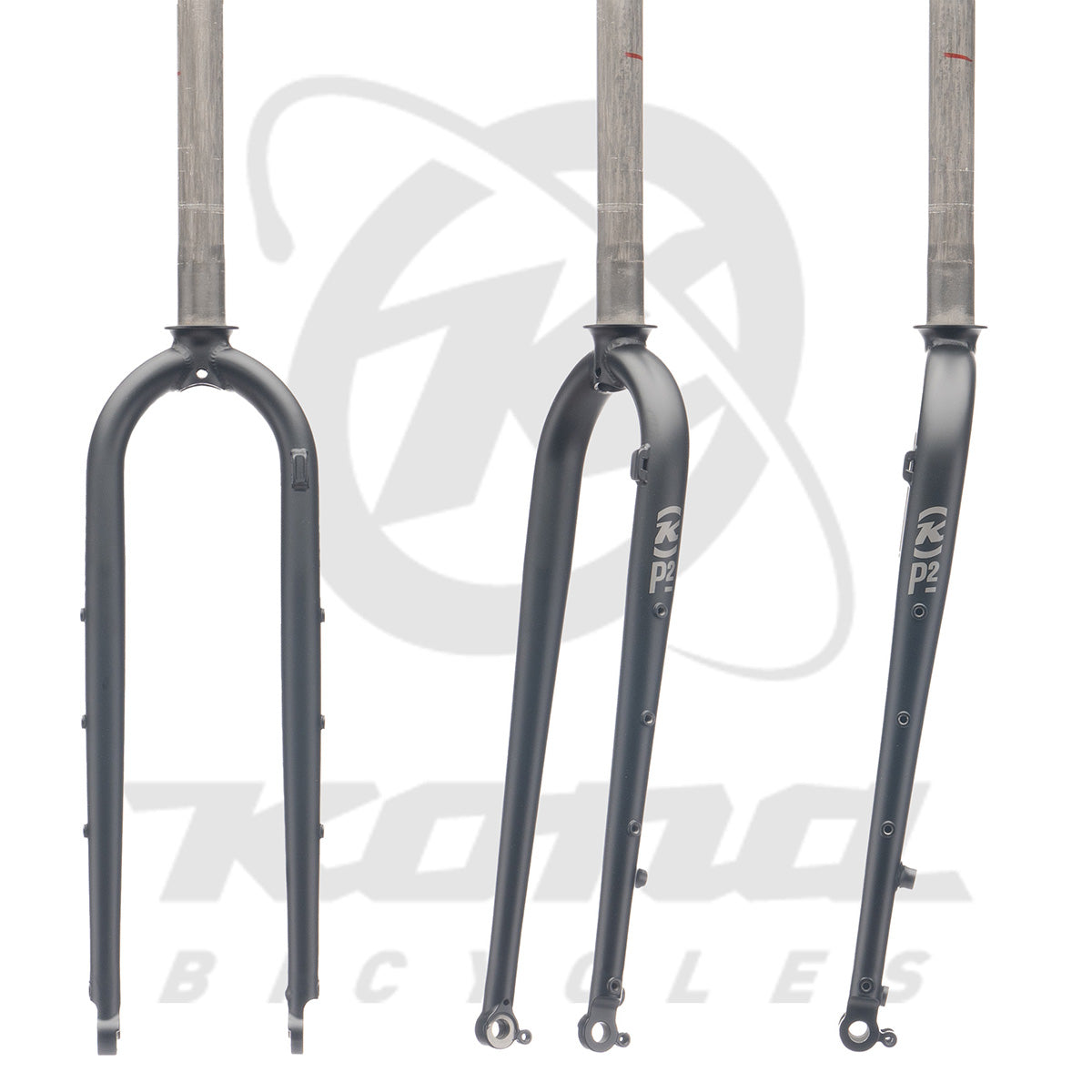 Front view of matte black mountain bike fork with disc brake mounts