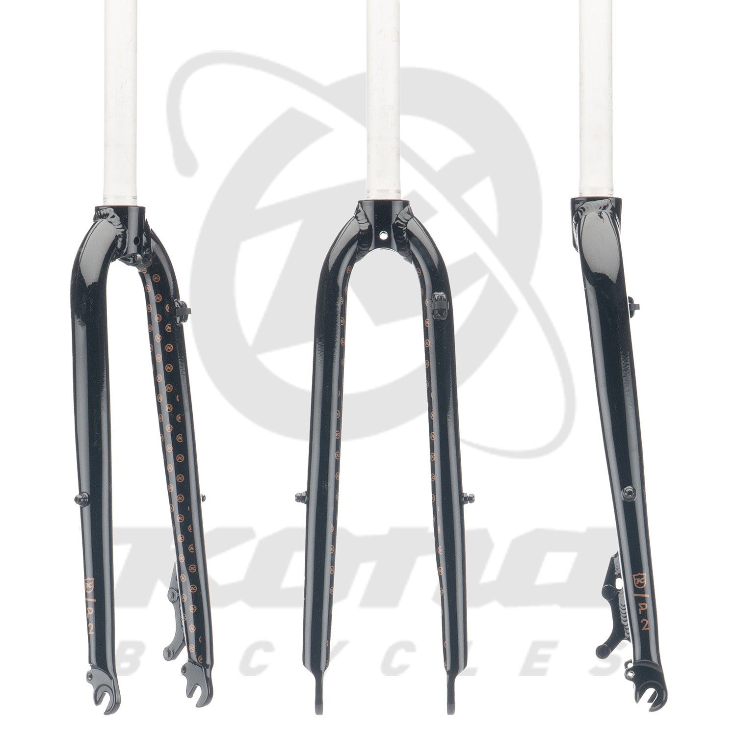 Close-up view of the Dew aluminum bike fork, highlighting its disc brake compatibility and glossy black finish.