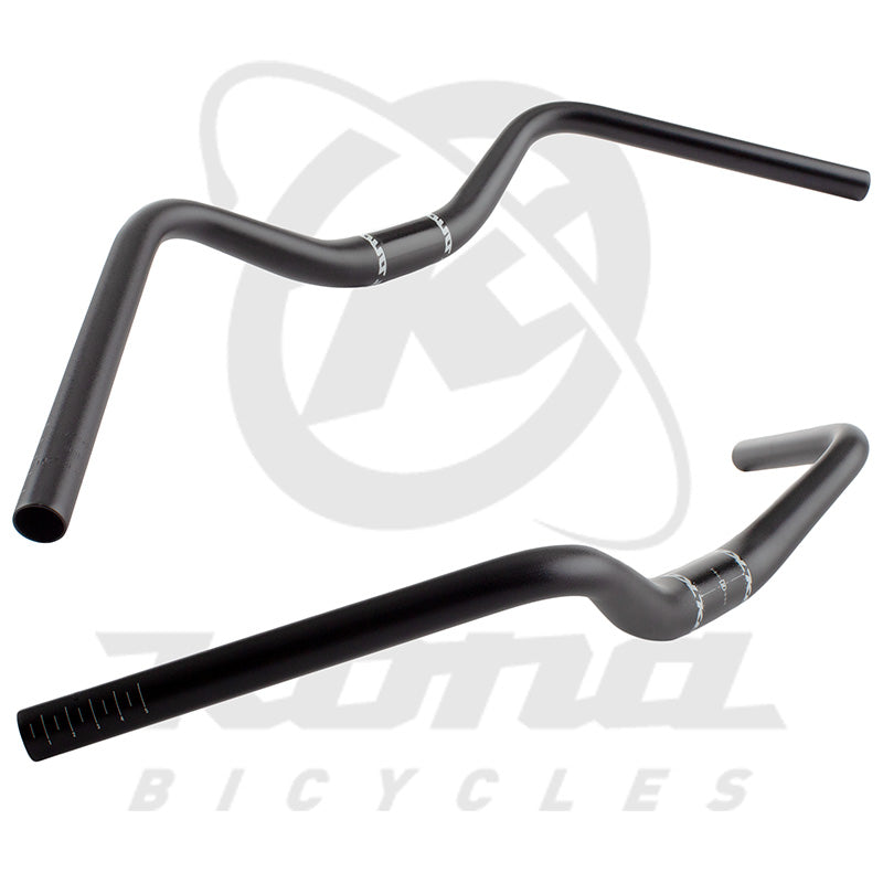 Close-up of Kona cruiser handlebar showcasing black finish and 45-degree rise