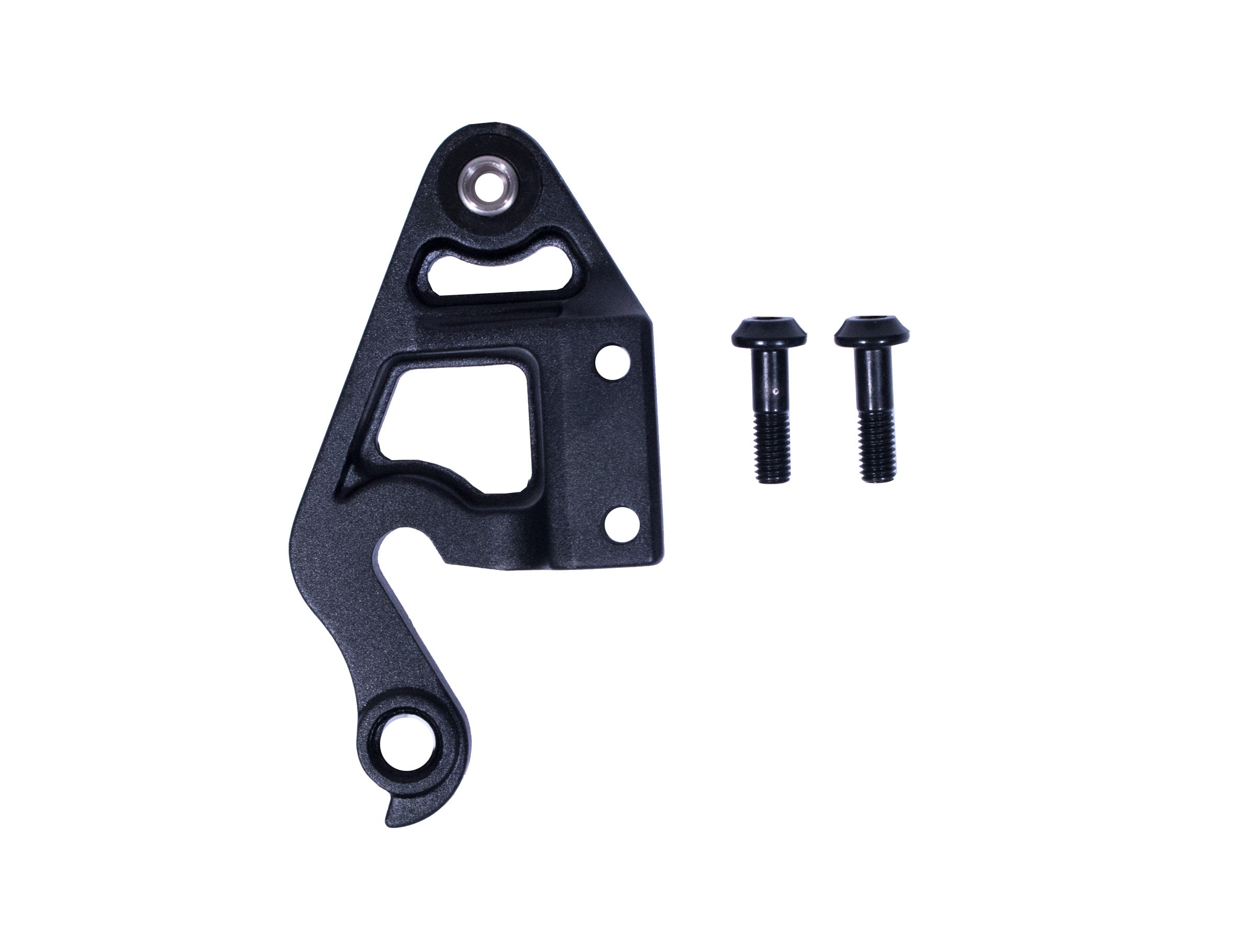 Precision derailleur hanger viewed from the front, showcasing its robust design for mountain bikes.