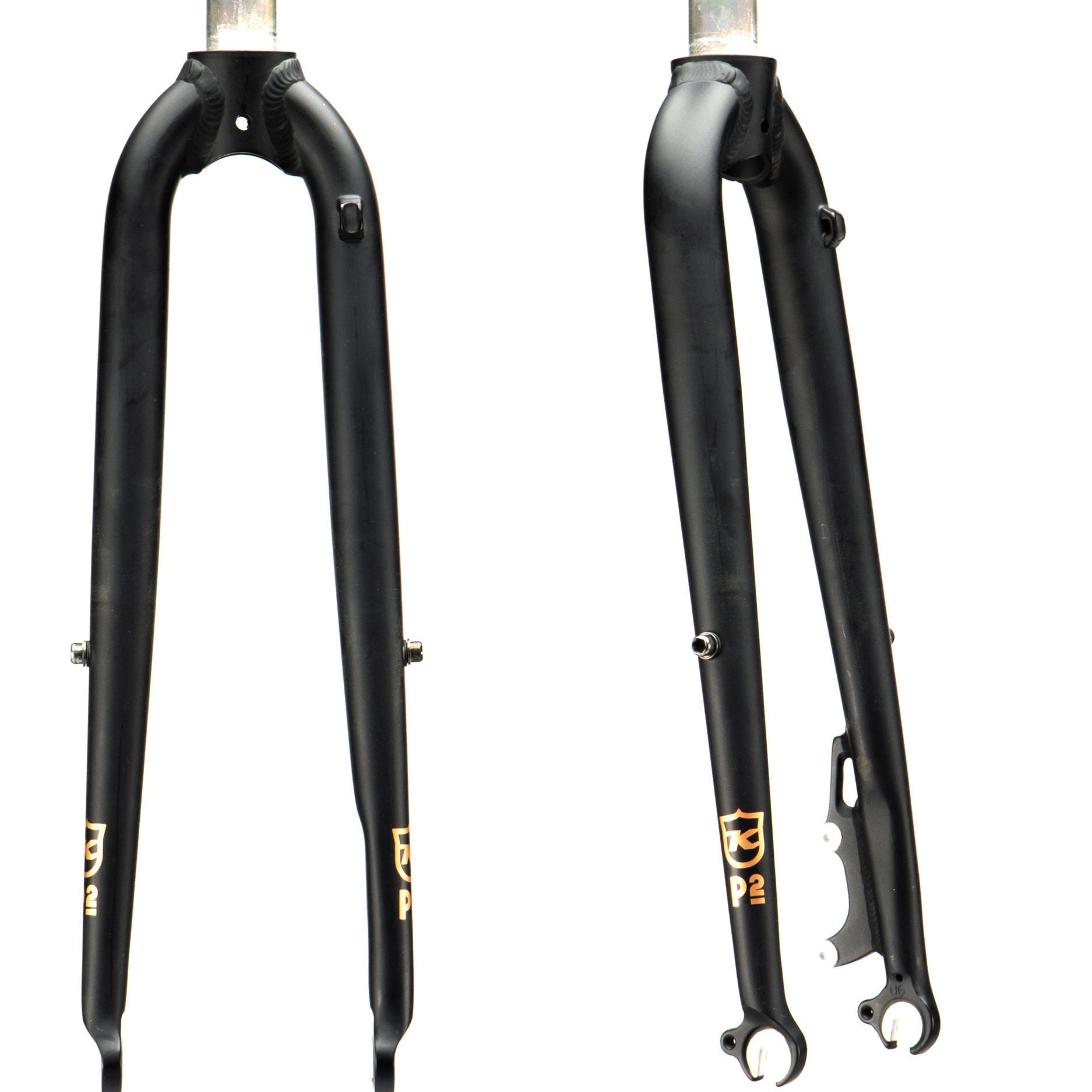 Side view of matte black aluminum bicycle fork installed on bike for disc brakes
