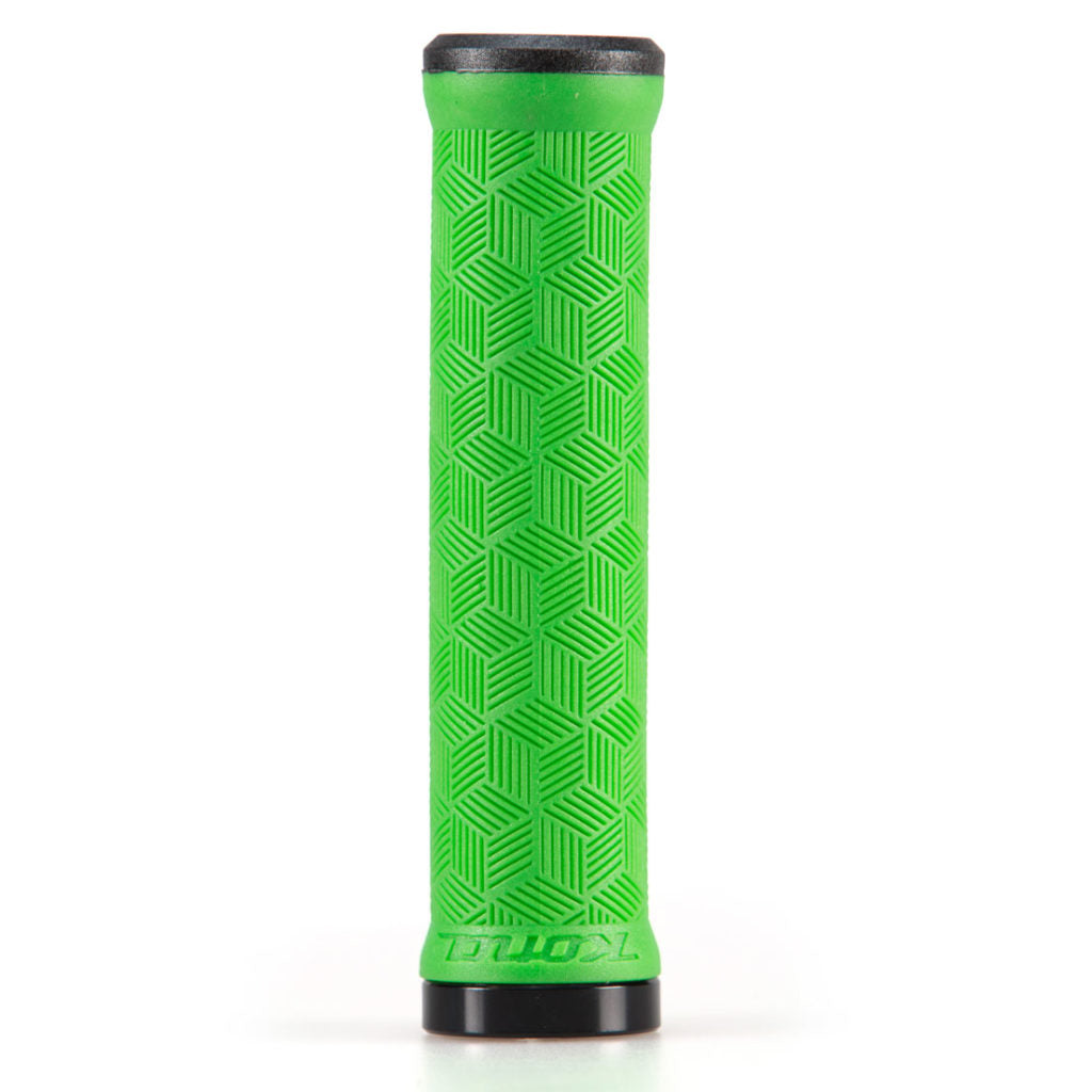 Close-up of lock-on mountain bike grips in vibrant colors