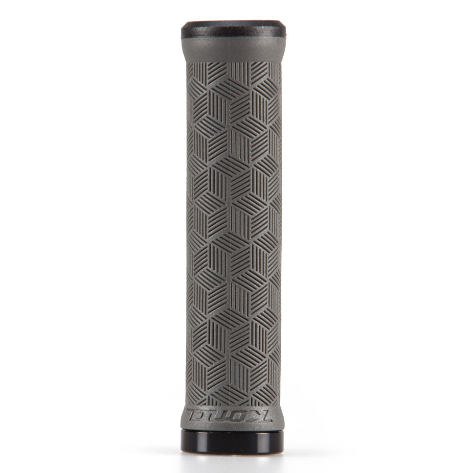 Close-up of lock-on mountain bike grips in vibrant colors