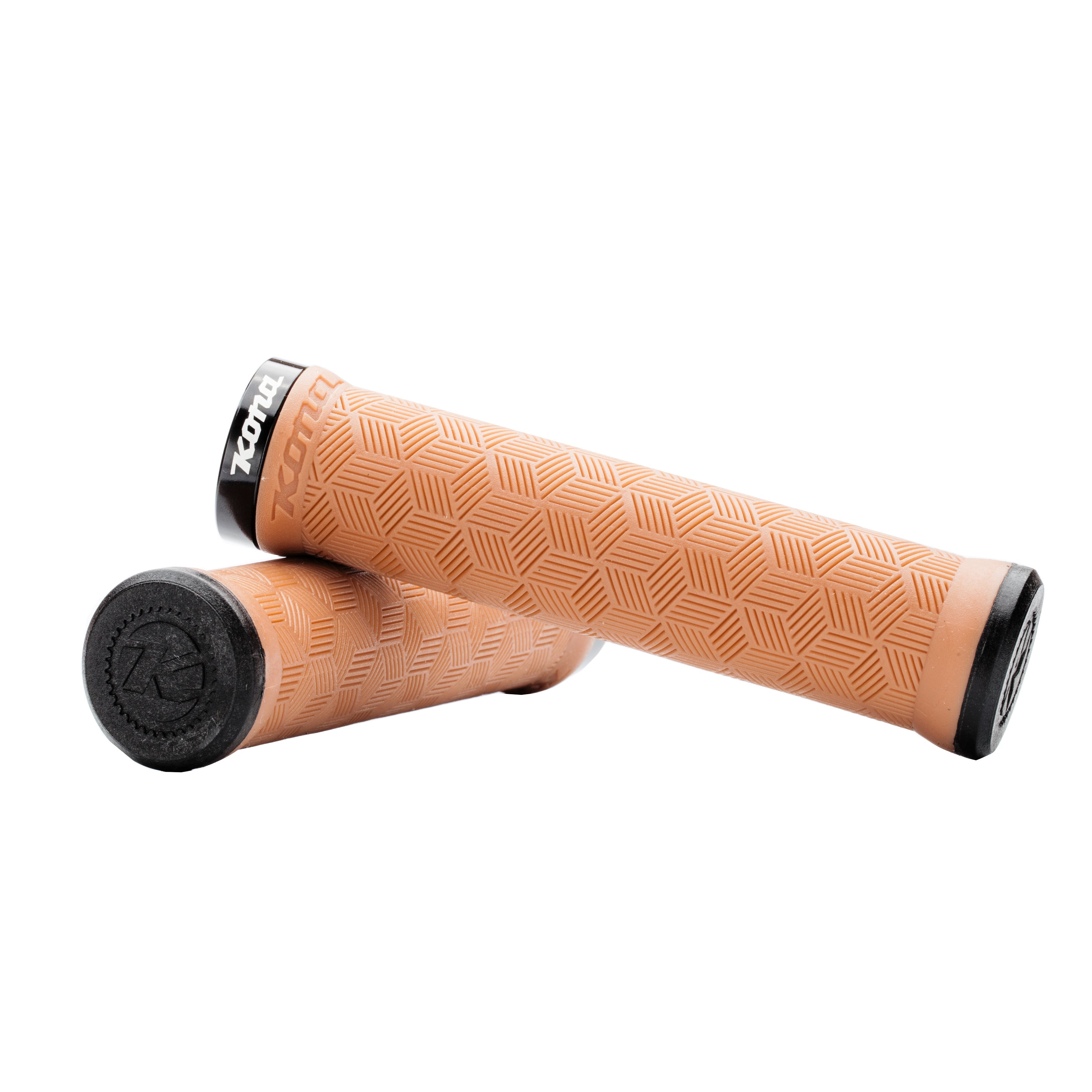 Close-up of lock-on mountain bike grips in vibrant colors