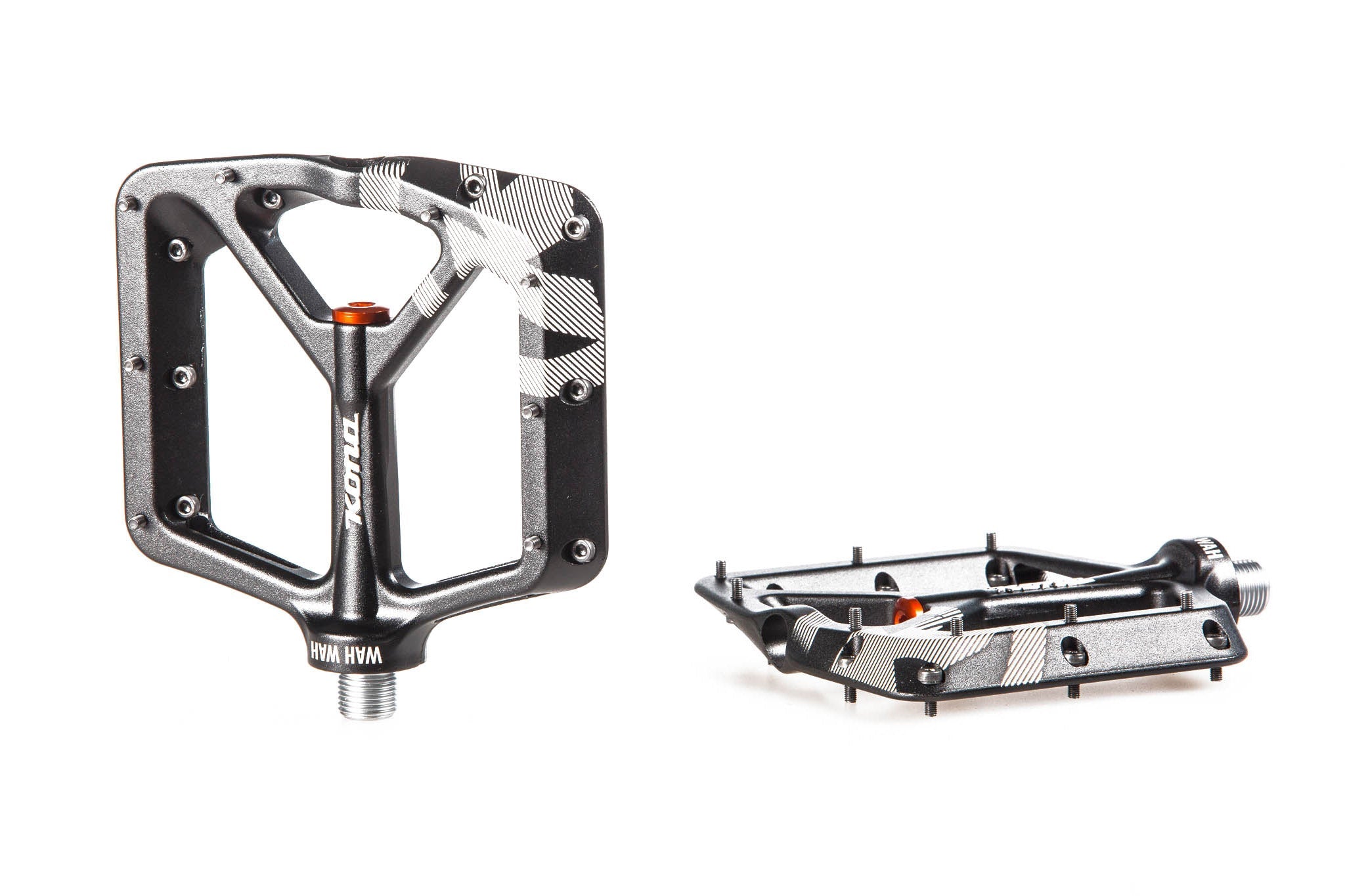 Close-up of aluminum bike pedals with best grip for mountain biking