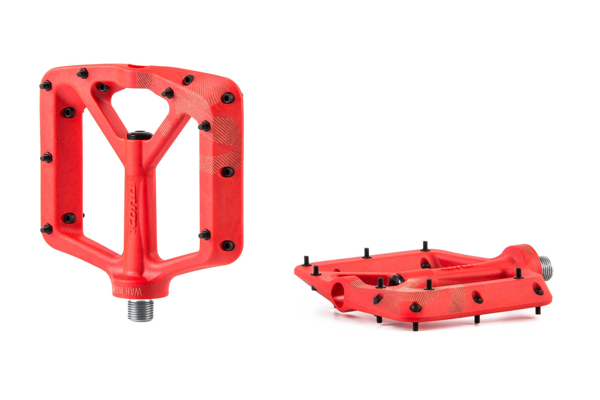 Close-up of composite bike pedals highlighting sturdy build and easy maintenance