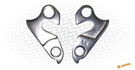 Close-up of Precision Derailleur Hanger D1 on a mountain bike showing its sturdy construction.