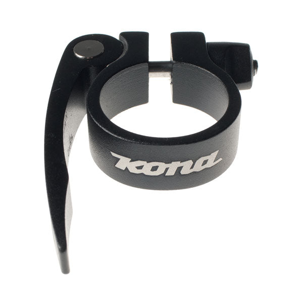 Kona Deluxe QR 30.7mm bicycle seat clamp mounted on bike frame showing quick-release lever