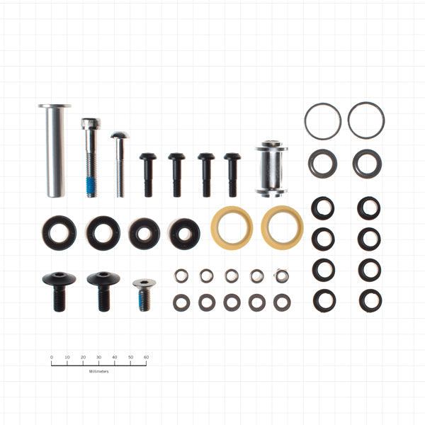 Close-up view of premium bushing and bolt kit components for cross-country bikes.