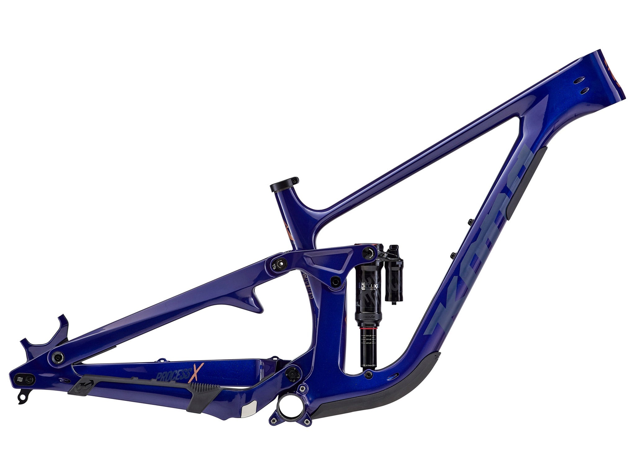 Side-profile shot of Kona Process X CR DL carbon frame in matte black, highlighting 170 mm rear travel and stealth cable routing