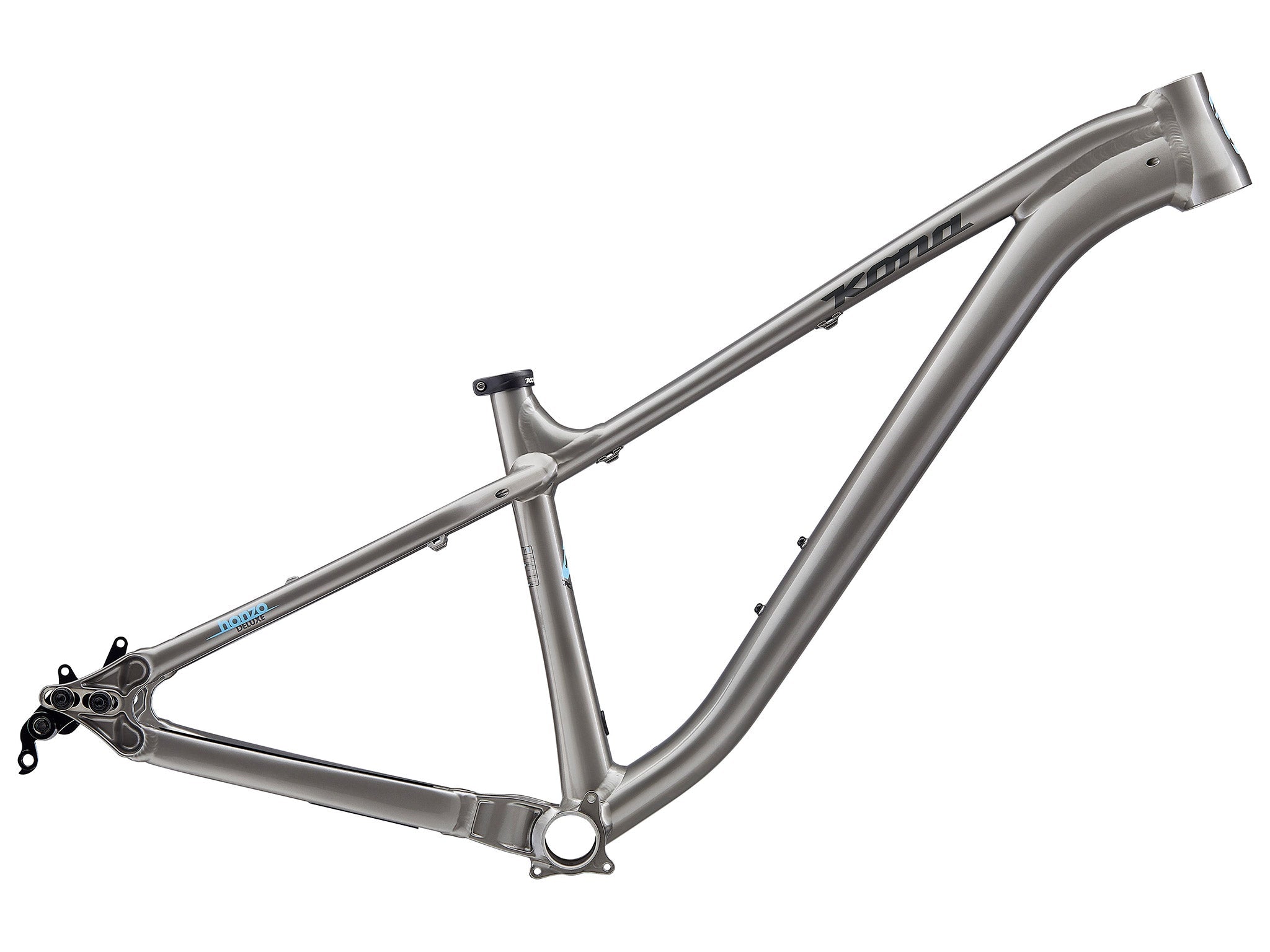 Front view of lightweight aluminum mountain bike frame with trail-ready geometry