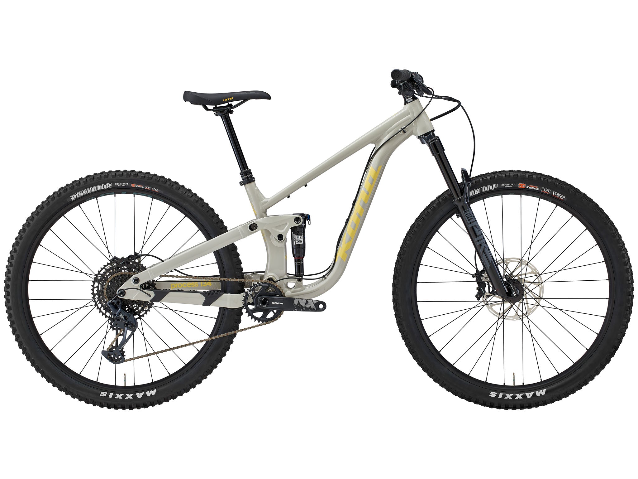 Side view of the Process 134 DL mullet mountain bike on a trail