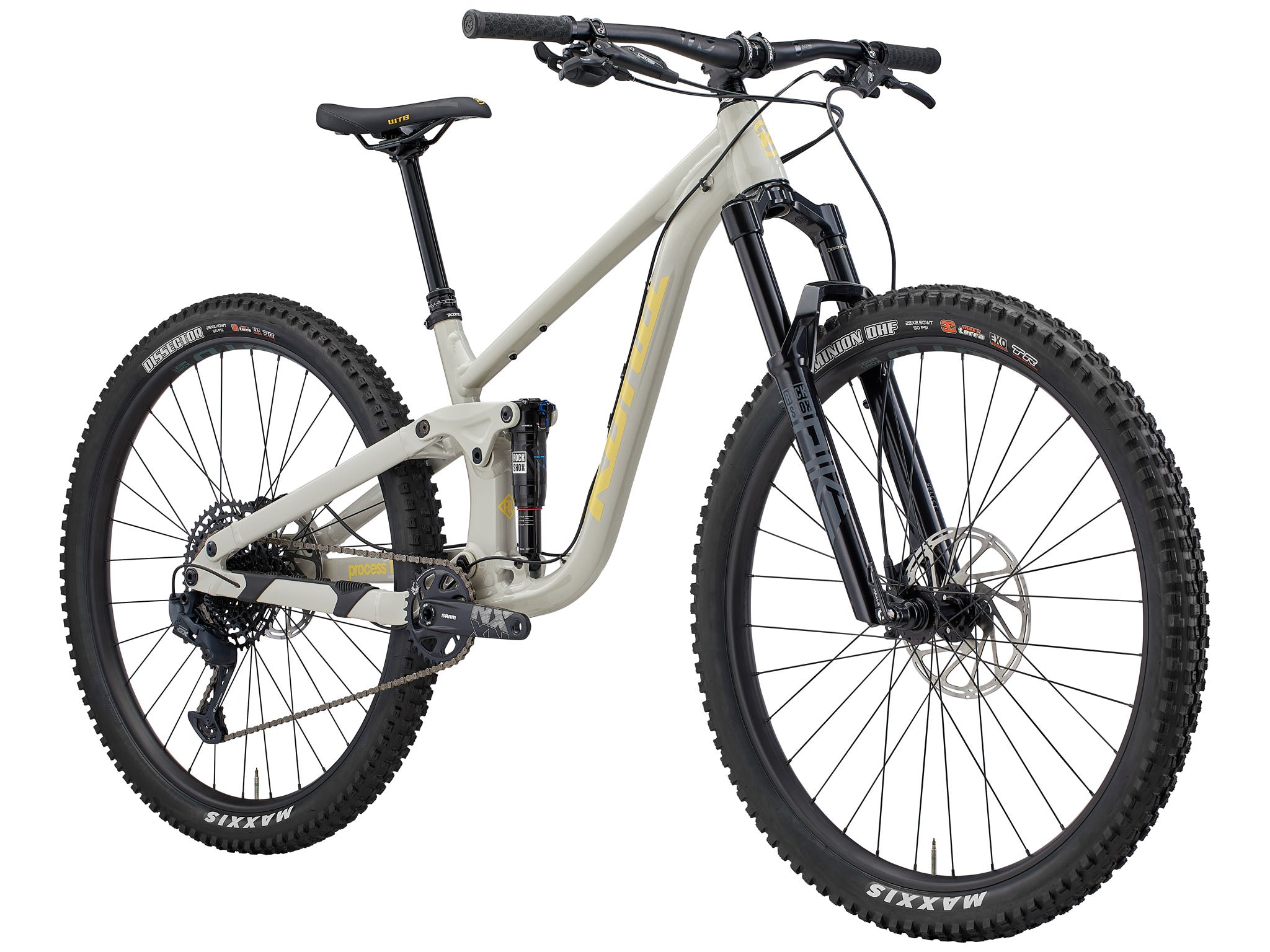 Close-up of the bikes full suspension system and rugged frame