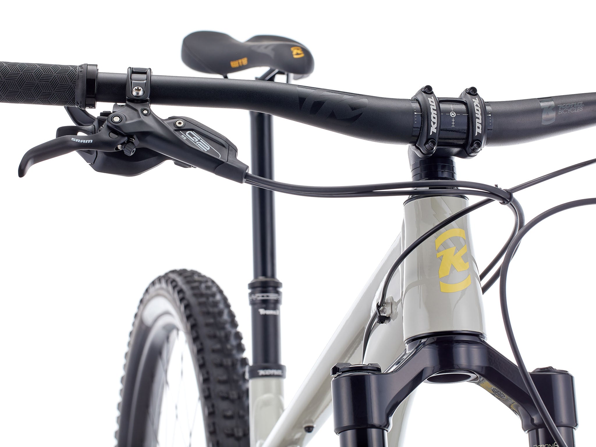 Close-up of the bikes full suspension system and rugged frame