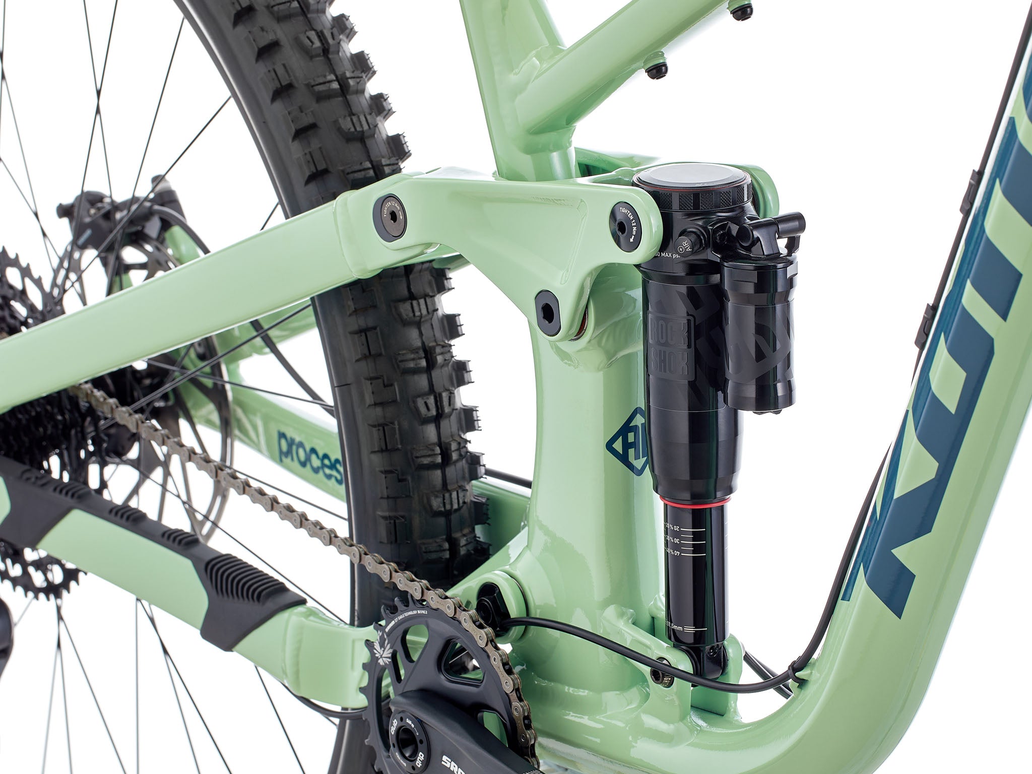 Close-up of dual-suspension system on the Process 153 DL mountain bike