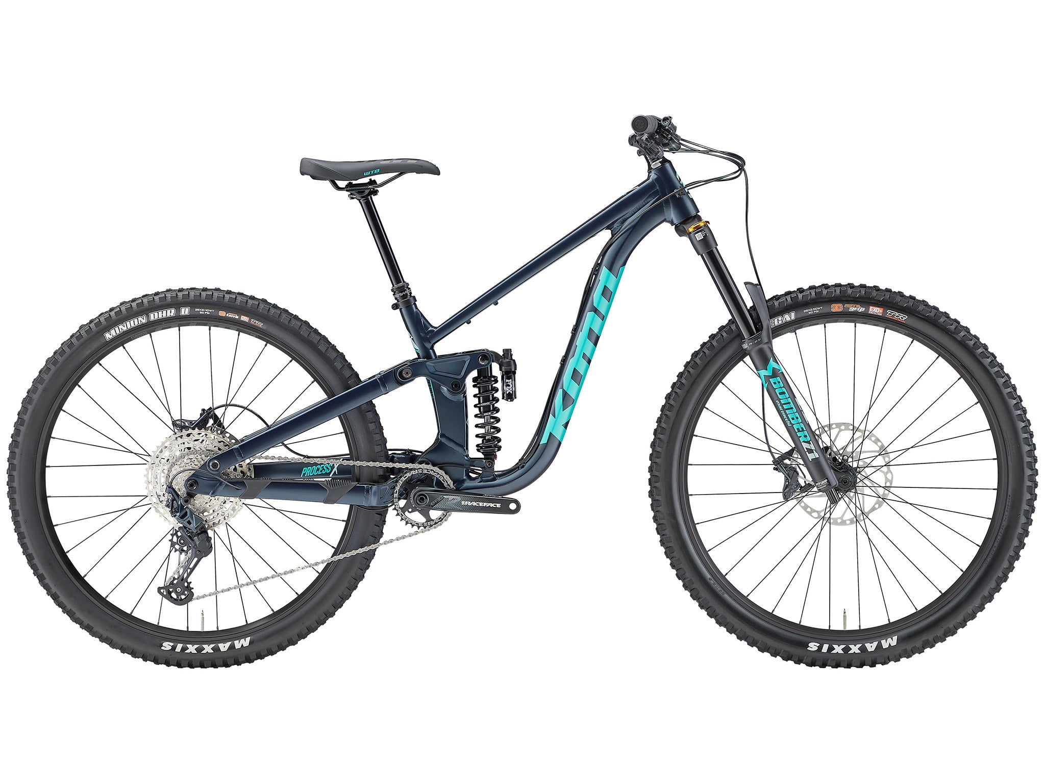 Side view of the Process X aluminum mountain bike in a bike park setting, ready for jumps