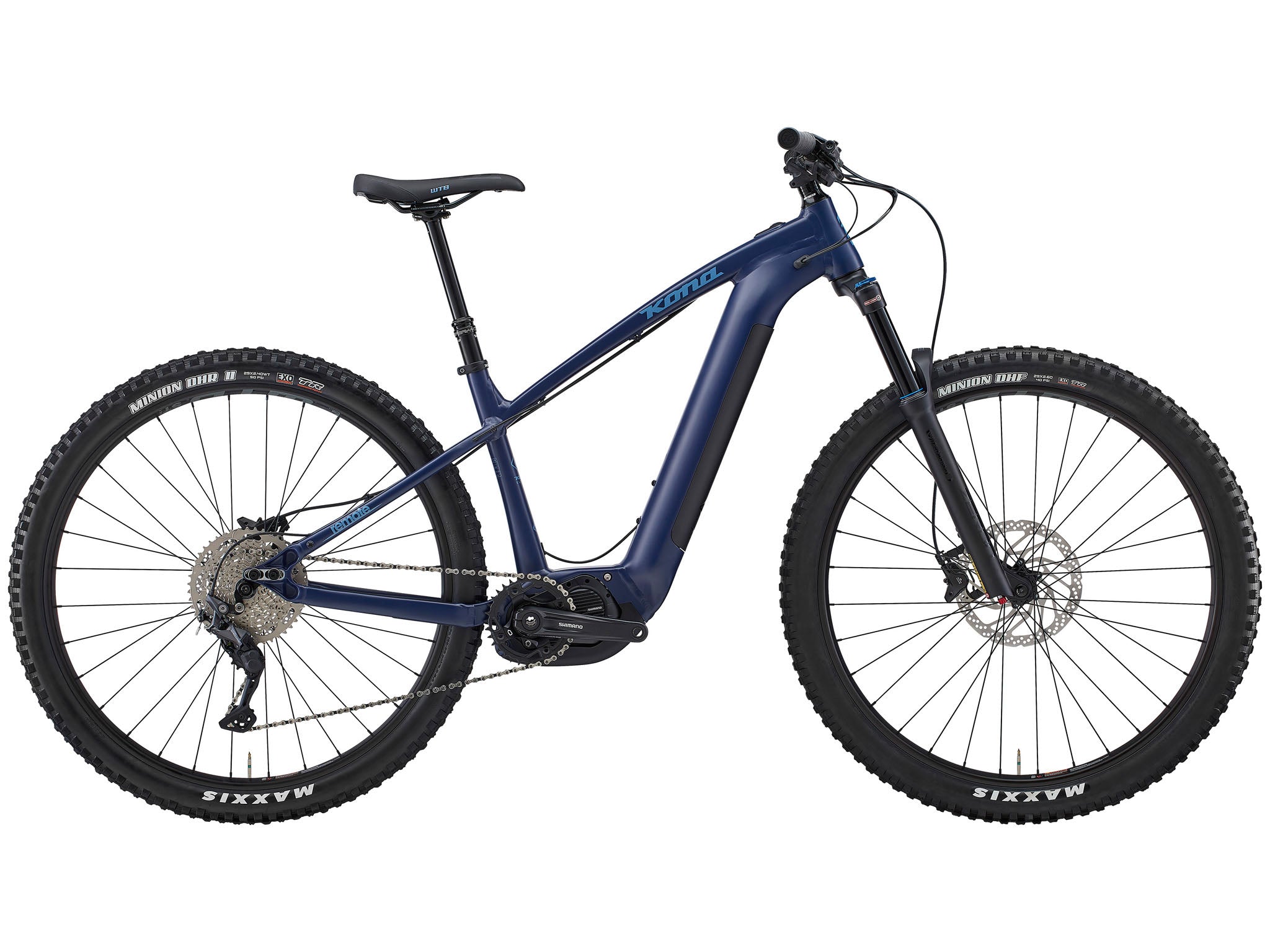 Side view of Kona Remote TrailMaster 140 e-MTB parked on a forest trail, showcasing its rugged frame and Shimano motor.