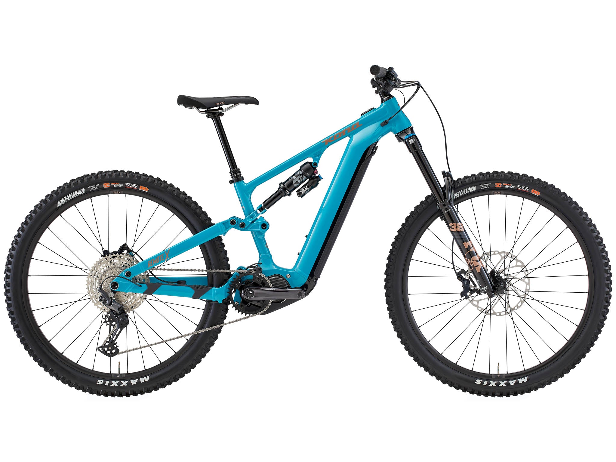 Kona Remote X electric mountain bike on mountain trail with suspension and motor assist