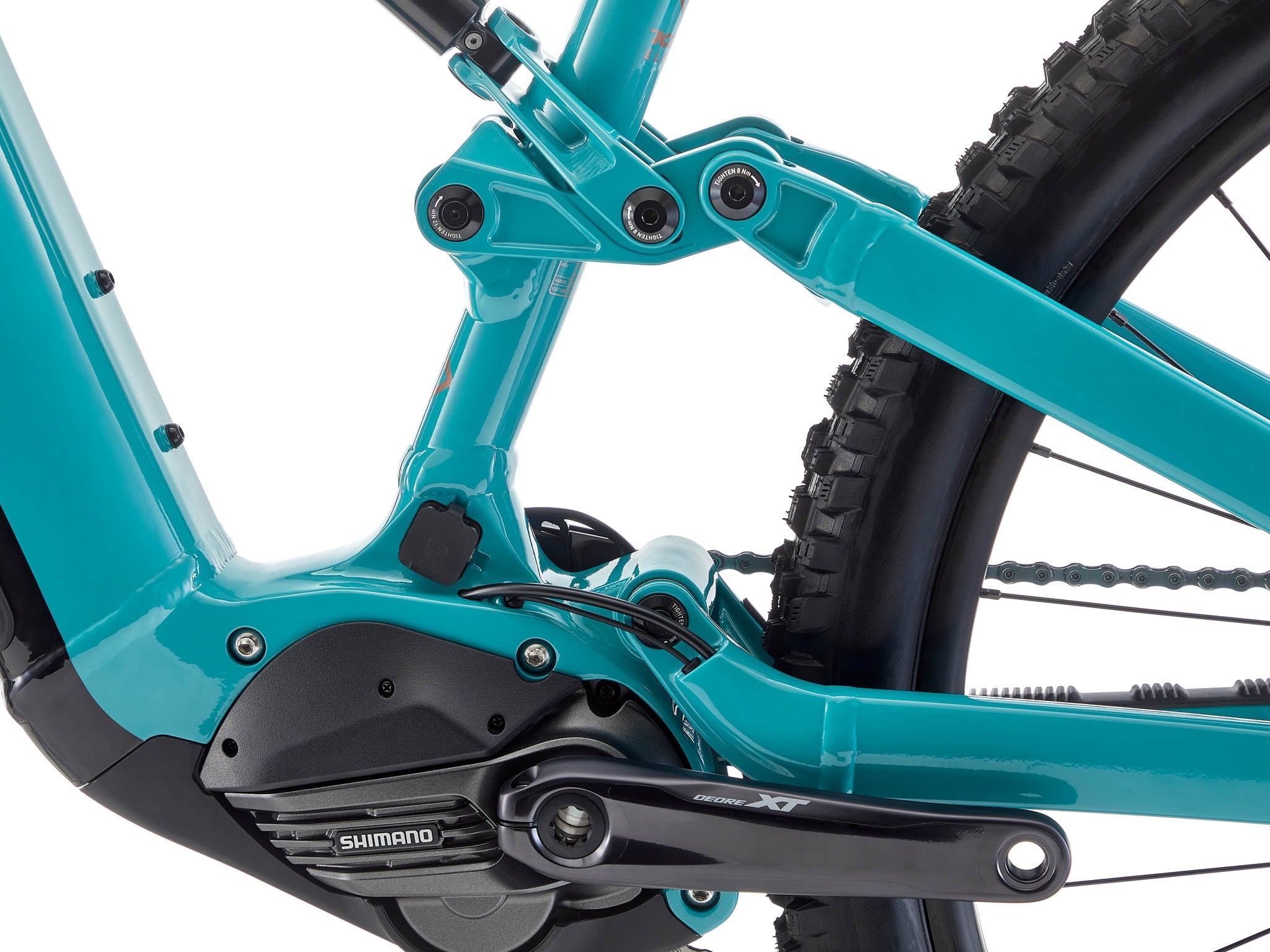 Close-up of Kona Remote Xs Shimano EP8 motor and 180mm travel suspension