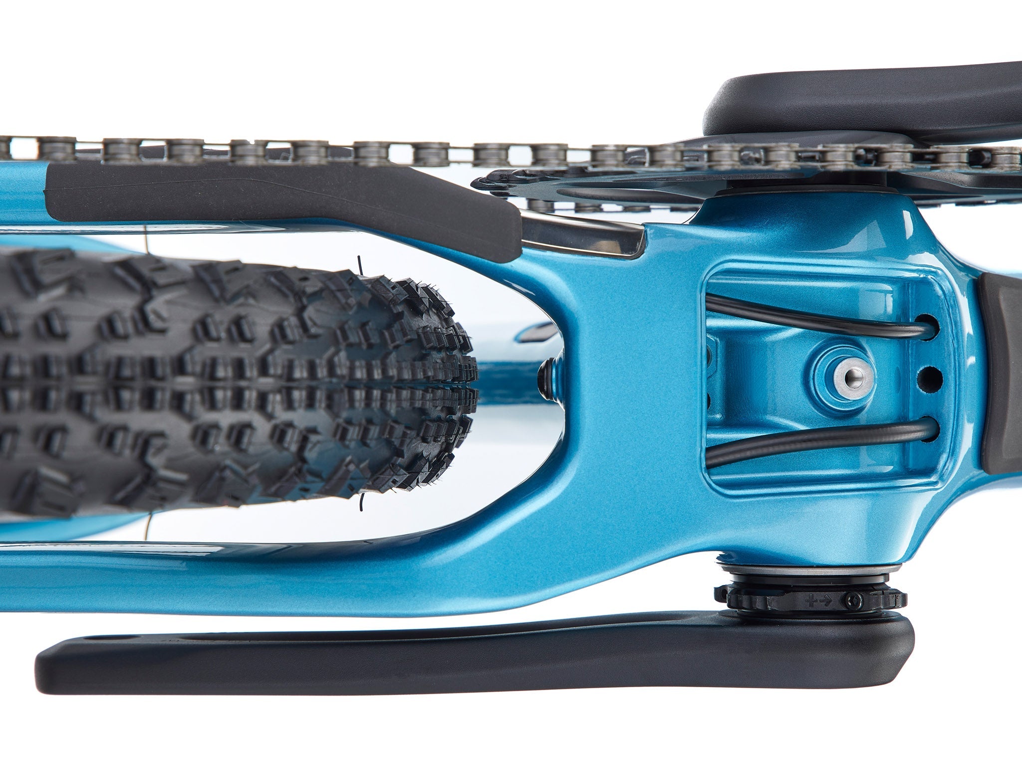 Side view of the lightweight carbon frame with mountain bike wheels