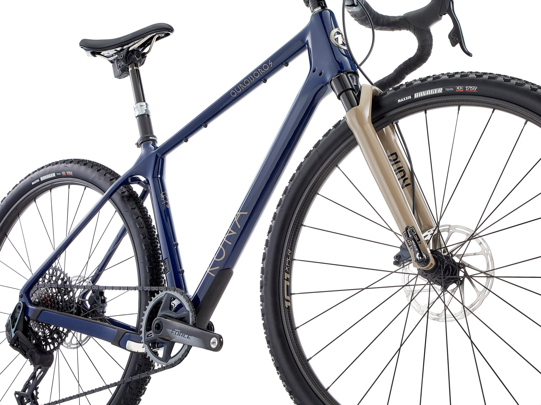 Ouroboros Apex Carbon Mountain Bike parked on a rocky trail, showcasing its carbon wheels.