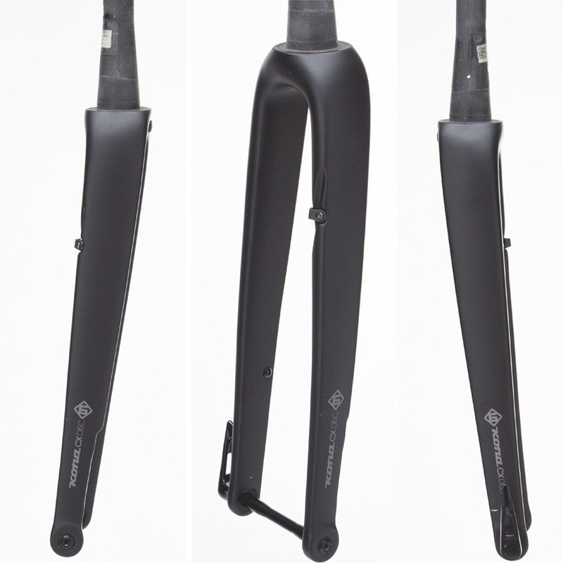 Kona Jake carbon fork side view showcasing matte black finish and disc brake compatibility.