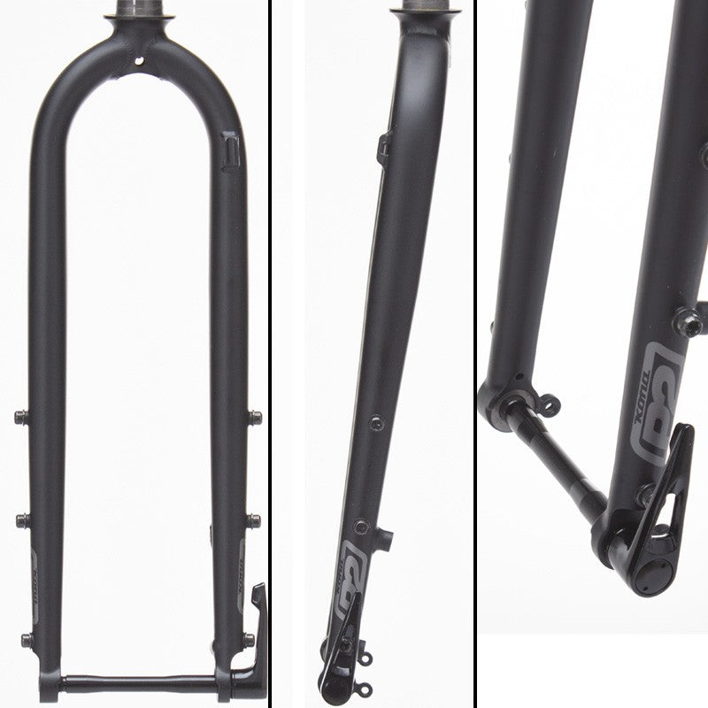Sutra Chromo 700c matte black bike fork showing 415mm A/C and 12x100 thru axle compatibility